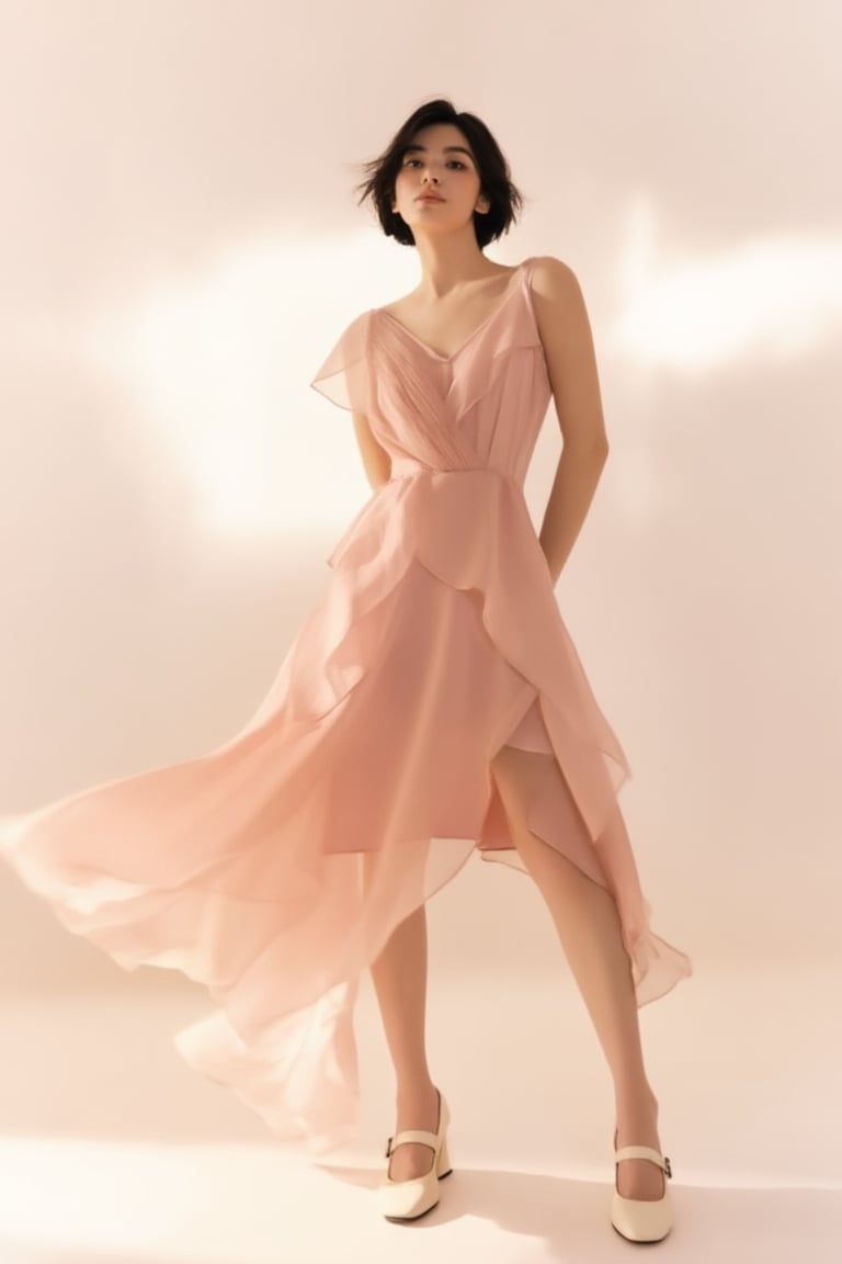 A high-end editorial fashion portrait of a 20yo woman wearing a flowing blush pink semi-sheer chiffon dress with layered a...
