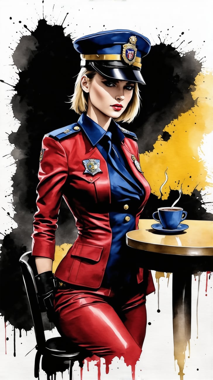 a beautiful 20yo police girl \(LAPD\) in a cafe,table,coffee,detailed exquisite face,LAPD form-fitting uniform,cap,badge,medium breasts,perfect female form,[model body],[red,blue,yellow colors],

Frank Miller's Sin City style,ink art,watercolor,splash, chiaroscuro lighting,ek_art_b00ster,ek_1nk_art,(dark:1.3)