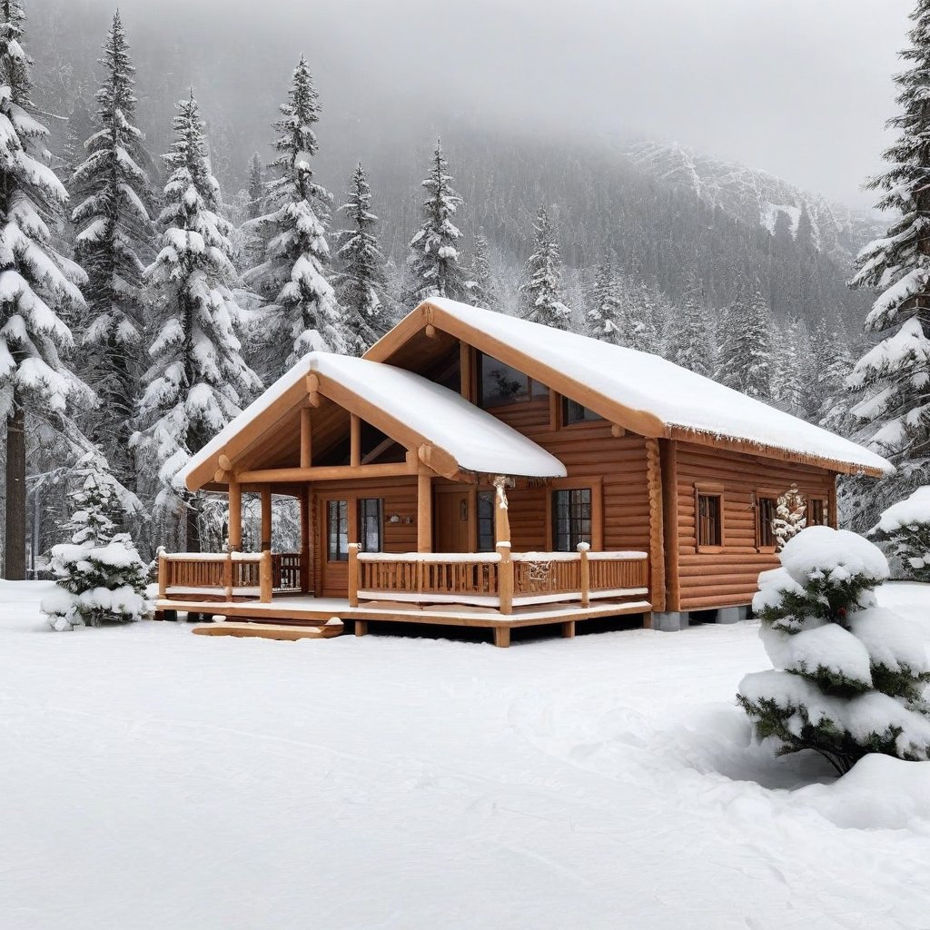 A realistic photo of resort cabin,snow,tree,winter resort1