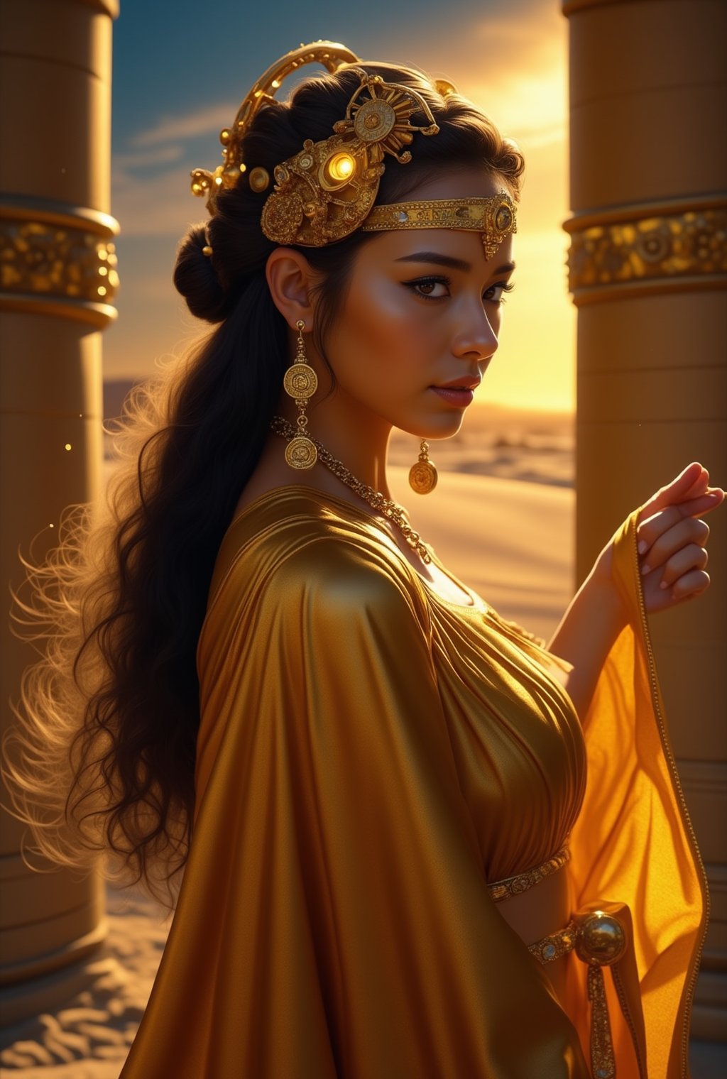 A mesmerizing goddess with an Egyptian flair, draped in flowing golden robes that shimmer like liquid light. Her skin is a warm, sun-kissed bronze, and her deep, almond-shaped eyes are lined with kohl, reminiscent of ancient Egyptian queens. She wears an ornate headdress adorned with intricate astrolabe designs, featuring small gears and celestial symbols that glow softly with a divine light.

Golden jewelry wraps around her arms and neck, with delicate chains that catch the light. Her posture is regal, and her expression is serene yet powerful, standing amidst ancient columns with celestial motifs. Behind her, the desert sands stretch into the horizon, illuminated by the warm glow of a setting sun, while stars begin to twinkle in the twilight sky.    realistic,detailed,sharp focus,high contrast,trending on artstation,rule of thirds,depth of perspective,chiaroscuro lighting.ek_ph0t0_b00ster,jisosmile,ct-identity,ek_art_b00ster,gal gadot,ek_real_b00ster,Hyoyeon