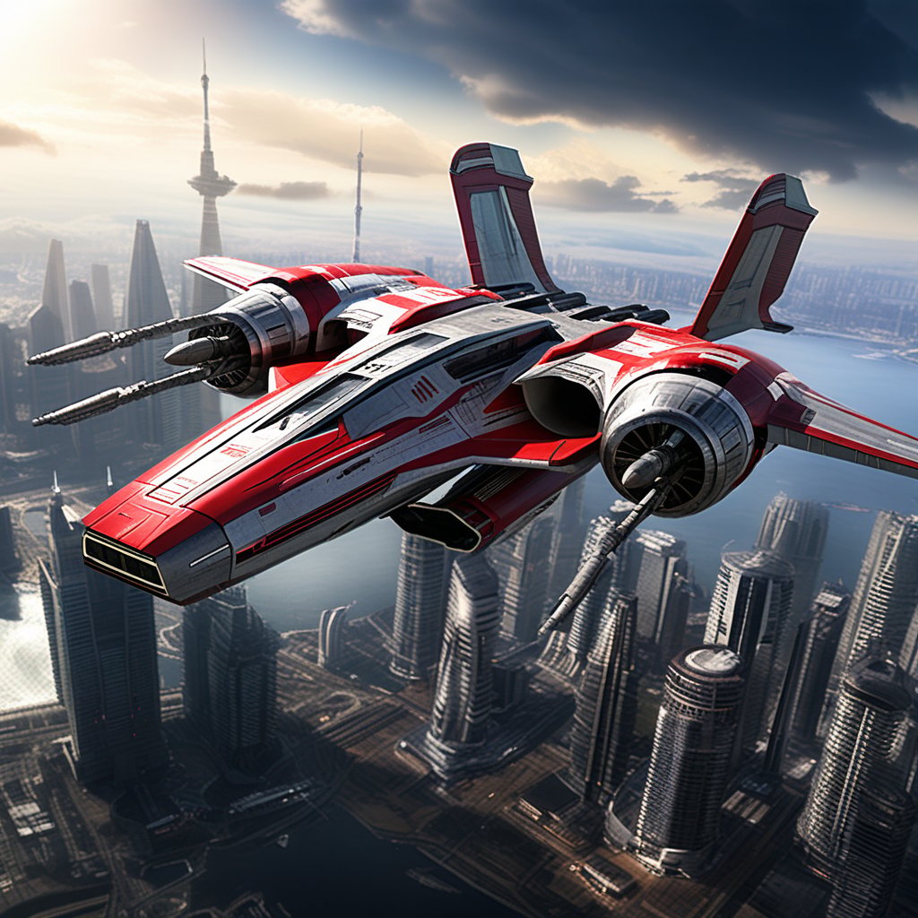 A realistic photo of starship x-wing starfighter in Star Wars universe,  red striped body,  flying over a futuristic city...