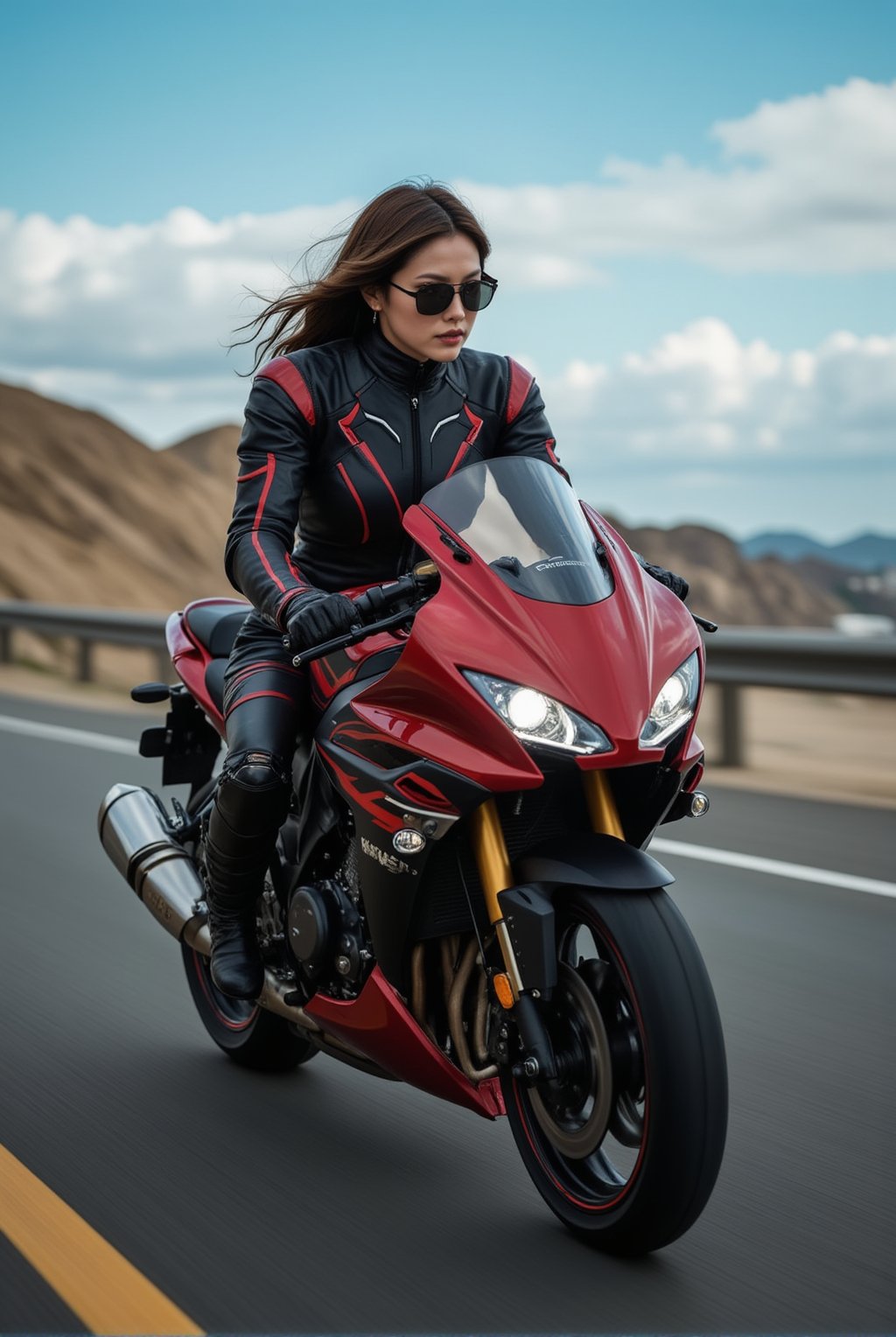 a cyborg girl in mecha armor,20yo,black and red colored armor,neon light lines glowing,sunglasses,riding kawasaki ninja h2r at high speed,coast highway  backdrop,sky,clouds,dynamic pose,focused expression
BREAK
masterpiece,best quality,realistic,detailed,sharp focus,high contrast,rule of thirds,chiaroscuro lighting,ek_g1rl_02,ek_art_b00ster