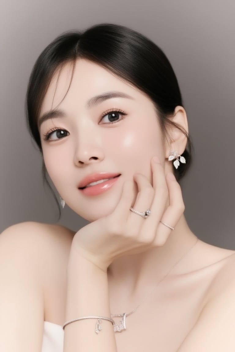 A high-end editorial close-up portrait of a beautiful 20yo woman. Tight framing from shoulders up,  elegant composition wi...