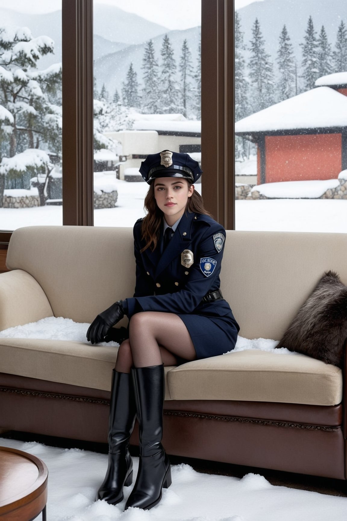 Hyper-Realistic photo of a beautiful LAPD police officer sitting on a sofa in a winter resort house,20yo,1girl,solo,LAPD police uniform,cap,detailed exquisite face,soft shiny skin,smile,looking at viewer,Kristen Stewart lookalike,cap,fullbody:1.3
BREAK
backdrop:livingroom,table,sofa,window,snow,tree,girl focus,[cluttered maximalism]
BREAK
settings: (rule of thirds1.3),perfect composition,studio photo,trending on artstation,depth of perspective,(Masterpiece,Best quality,32k,UHD:1.4),(sharp focus,high contrast,HDR,hyper-detailed,intricate details,ultra-realistic,kodachrome 800:1.3),(cinematic lighting:1.3),(by Karol Bak$,Alessandro Pautasso$,Gustav Klimt$ and Hayao Miyazaki$:1.3),art_booster,photo_b00ster, real_booster,w1nter res0rt