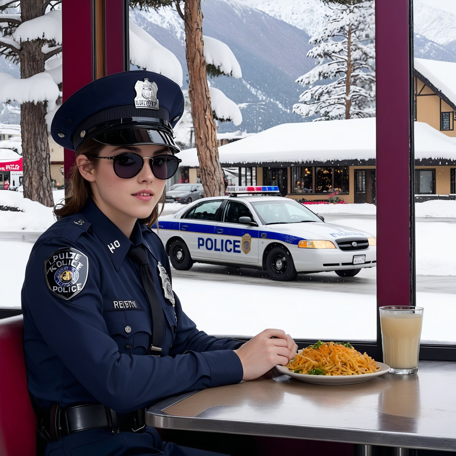 Hyper-Realistic photo of a beautiful LAPD police officer sitting in a restaurant in winter resort,20yo,1girl,solo,LAPD police uniform,cap,detailed exquisite face,soft shiny skin,smile,looking at viewer,Kristen Stewart lookalike,cap,sunglasses,fullbody:1.3
BREAK
backdrop:restaurant,window,snow,road,police car,tree,girl focus,[cluttered maximalism]
BREAK
settings: (rule of thirds1.3),perfect composition,studio photo,trending on artstation,depth of perspective,(Masterpiece,Best quality,32k,UHD:1.4),(sharp focus,high contrast,HDR,hyper-detailed,intricate details,ultra-realistic,kodachrome 800:1.3),(cinematic lighting:1.3),(by Karol Bak$,Alessandro Pautasso$,Gustav Klimt$ and Hayao Miyazaki$:1.3),art_booster,photo_b00ster, real_booster,w1nter res0rt