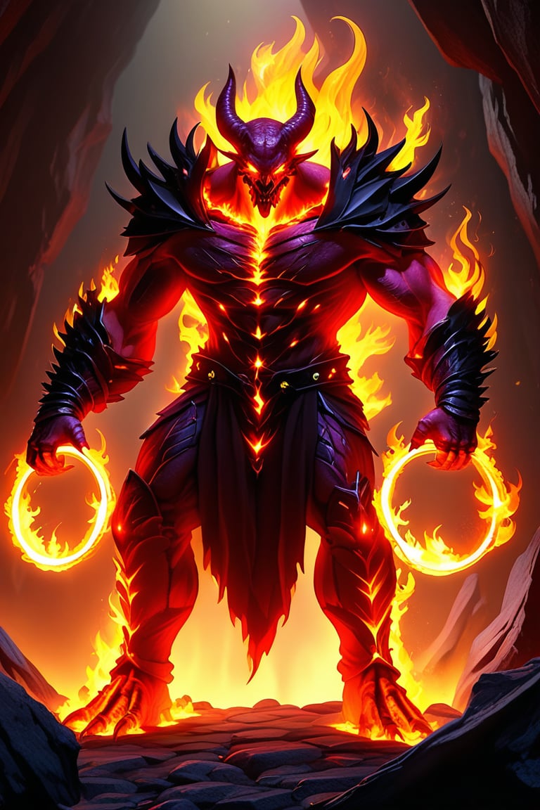 a devil monster stands in dark cave. He uses the magic ring and turns into the ultimate form of a fire magic \(ek_ge1frt\)...