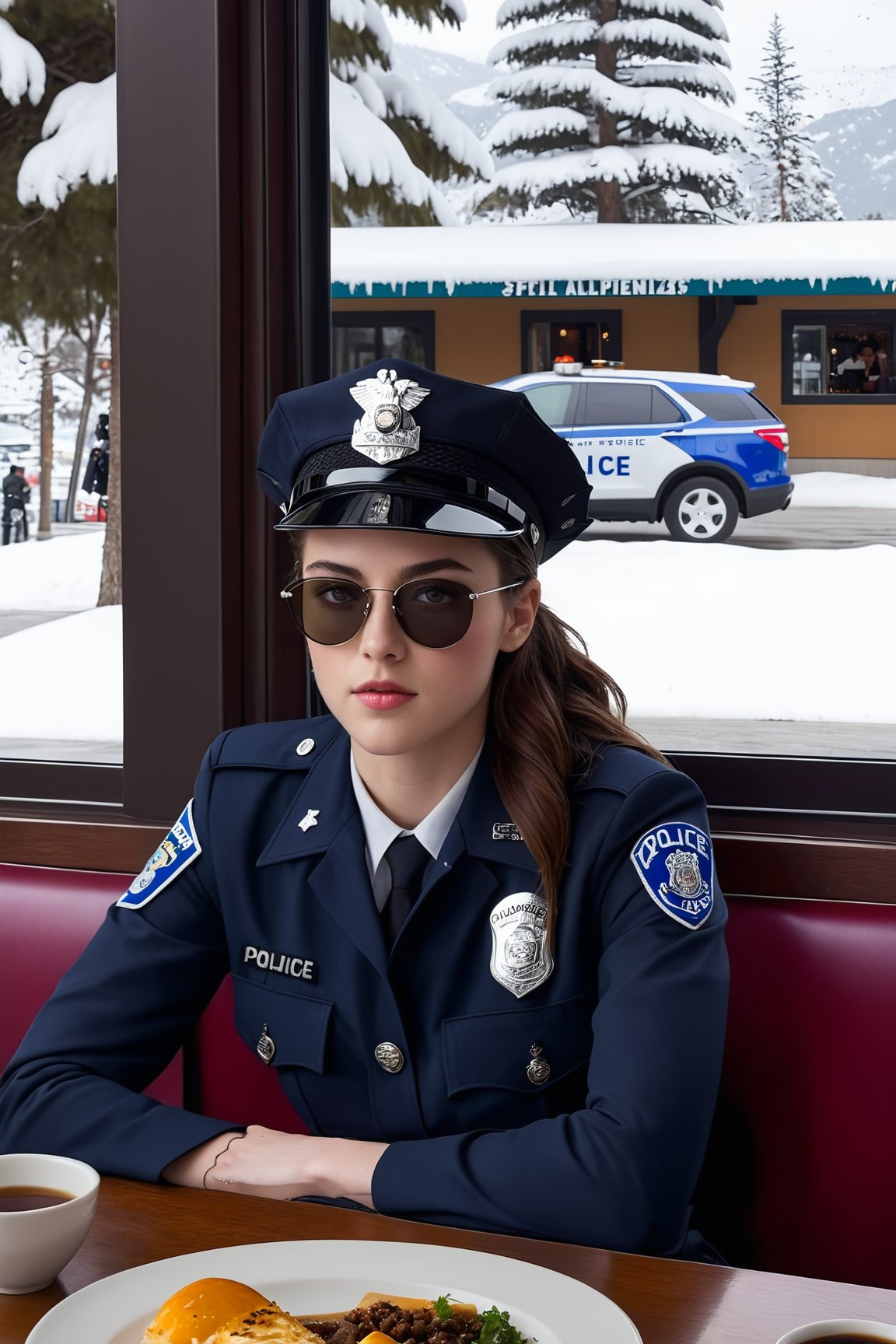 Hyper-Realistic photo of a beautiful LAPD police officer sitting in a restaurant in winter resort,20yo,1girl,solo,LAPD police uniform,cap,detailed exquisite face,soft shiny skin,smile,looking at viewer,Kristen Stewart lookalike,cap,sunglasses,fullbody:1.3
BREAK
backdrop:restaurant,window,snow,road,police car,tree,girl focus,[cluttered maximalism]
BREAK
settings: (rule of thirds1.3),perfect composition,studio photo,trending on artstation,depth of perspective,(Masterpiece,Best quality,32k,UHD:1.4),(sharp focus,high contrast,HDR,hyper-detailed,intricate details,ultra-realistic,kodachrome 800:1.3),(cinematic lighting:1.3),(by Karol Bak$,Alessandro Pautasso$,Gustav Klimt$ and Hayao Miyazaki$:1.3),art_booster,photo_b00ster, real_booster,w1nter res0rt