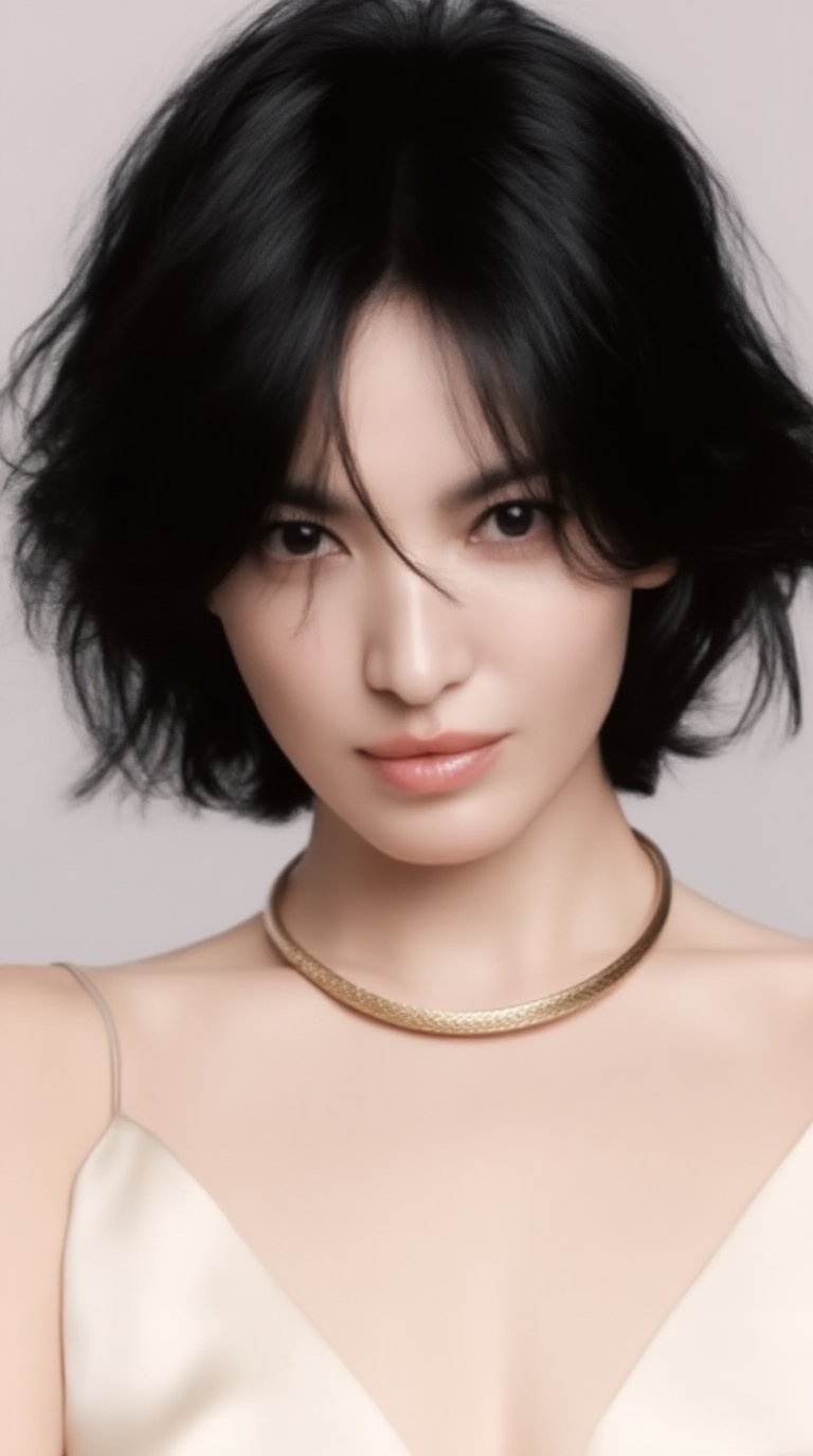 A luxury jewelry editorial close-up portrait of a refined 20yo woman with tousled short black hair,  softly textured and s...