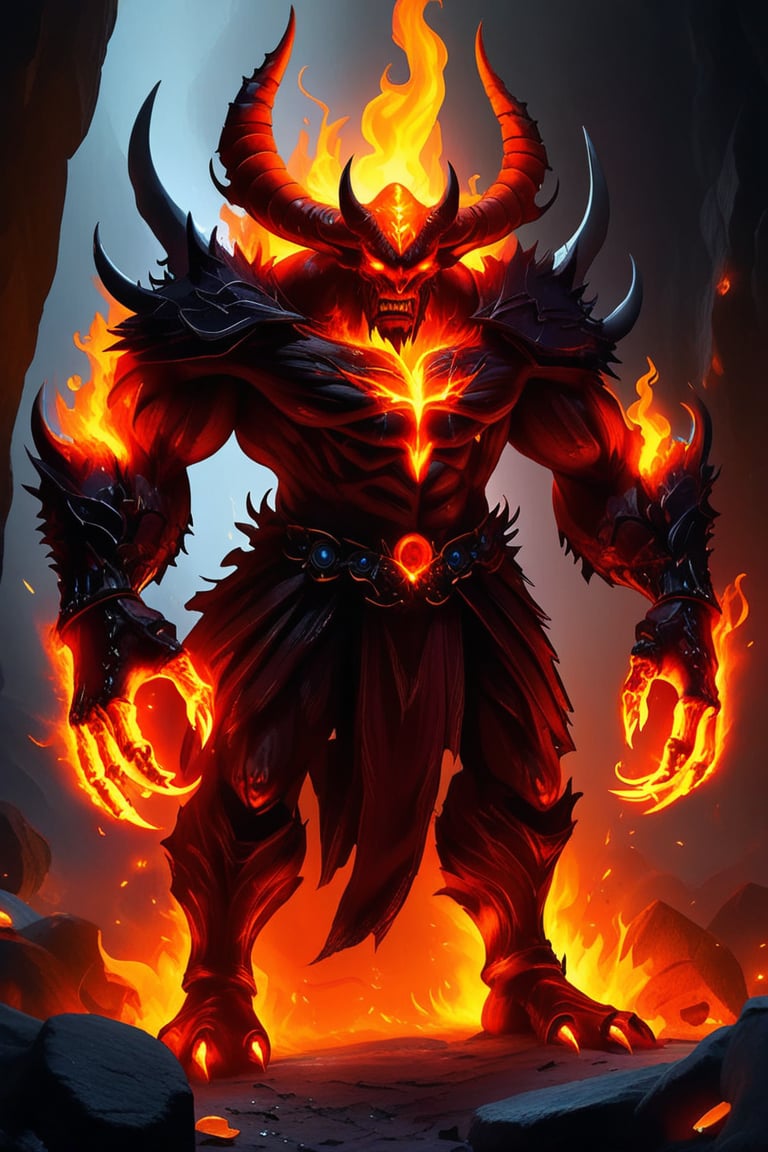 a devil monster stands in dark cave. He uses the magic ring and turns into the ultimate form of a fire magic \(ek_ge1frt\)...