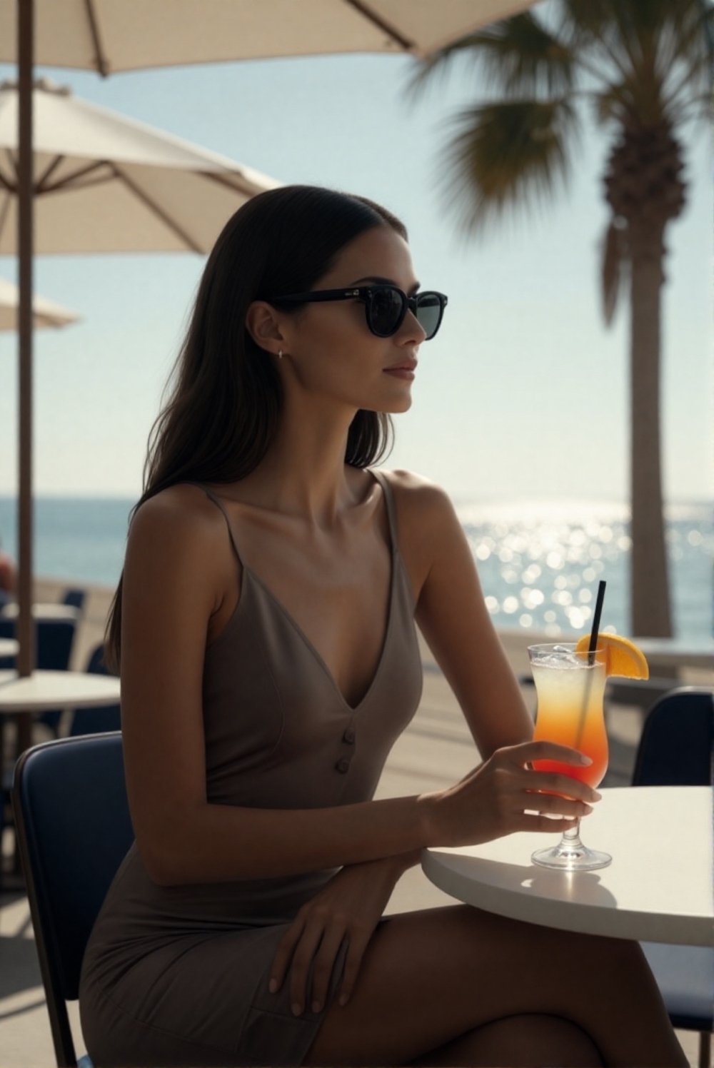 A stylish lifestyle fashion scene featuring a confident adult woman relaxing at a seaside outdoor café. She is an elegant,...