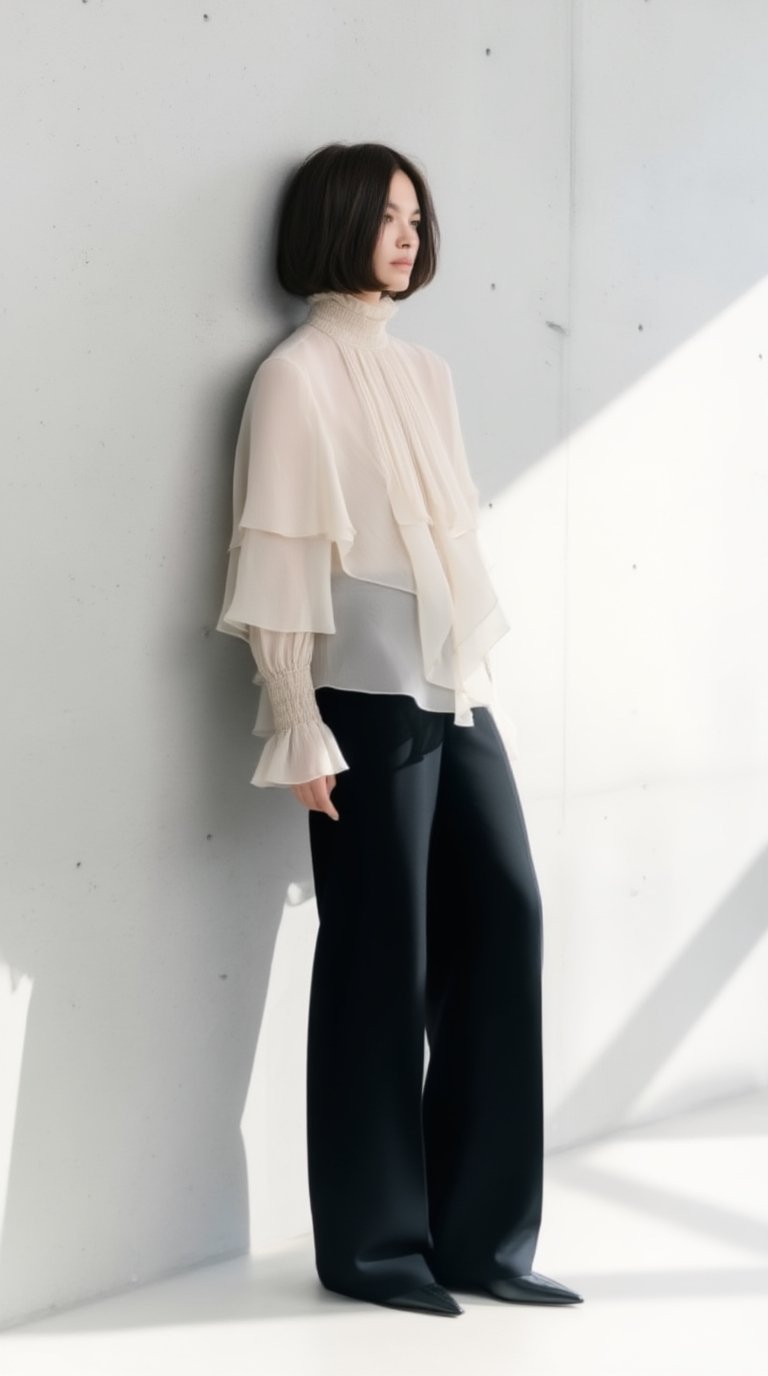 A high-end editorial fashion photo of a 20yo short tousled bob woman leaning against a minimal concrete wall,  full-body v...
