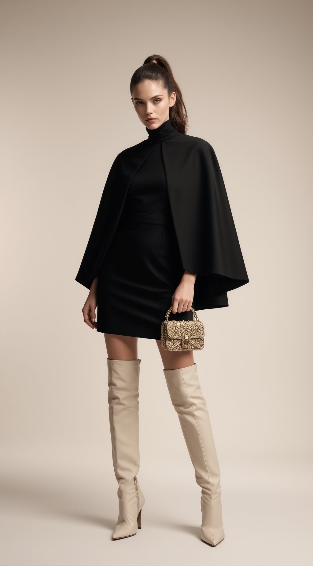 A high-fashion editorial full-body portrait of an elegant woman wearing a structured black cape-style mini dress. Her hair...