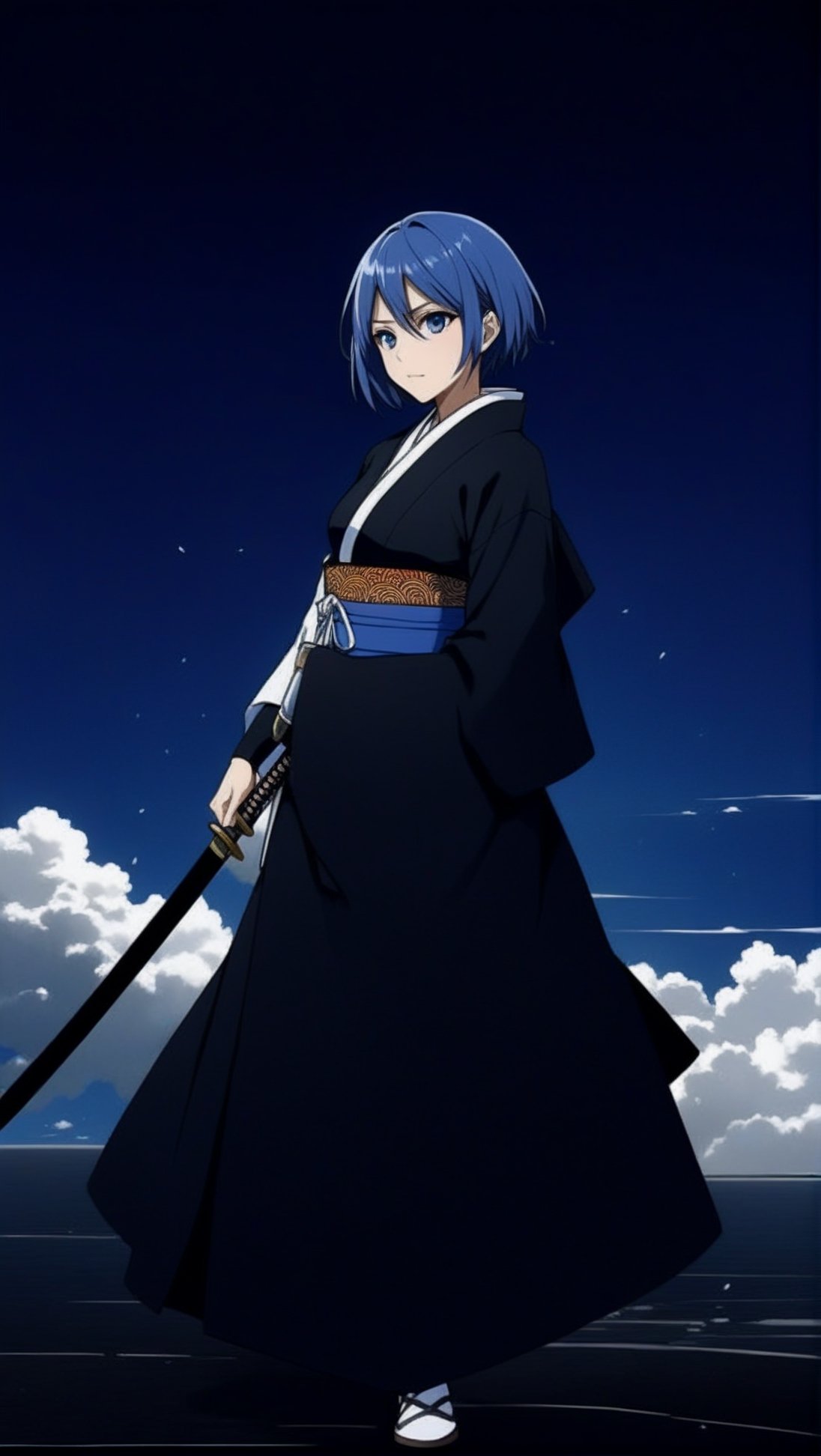 Hyper-detailed anime of 1girl,solo,kuchiki rukia,short hair, blue eyes,blue hair,weapon,japanese clothes,sword, cloud,kimono,katana,letterboxed,fullbody
BREAK 
(rule of thirds:1.3),perfect composition,trending on artstation,(thick and clear drawing lines:1.3),(masterpiece,best quality,32K,UHD,sharp focus,high contrast,hyper-detailed,intricate details,ultra-clear,cinematic lighting,vivid colors:1.5),ani_booster, real_booster