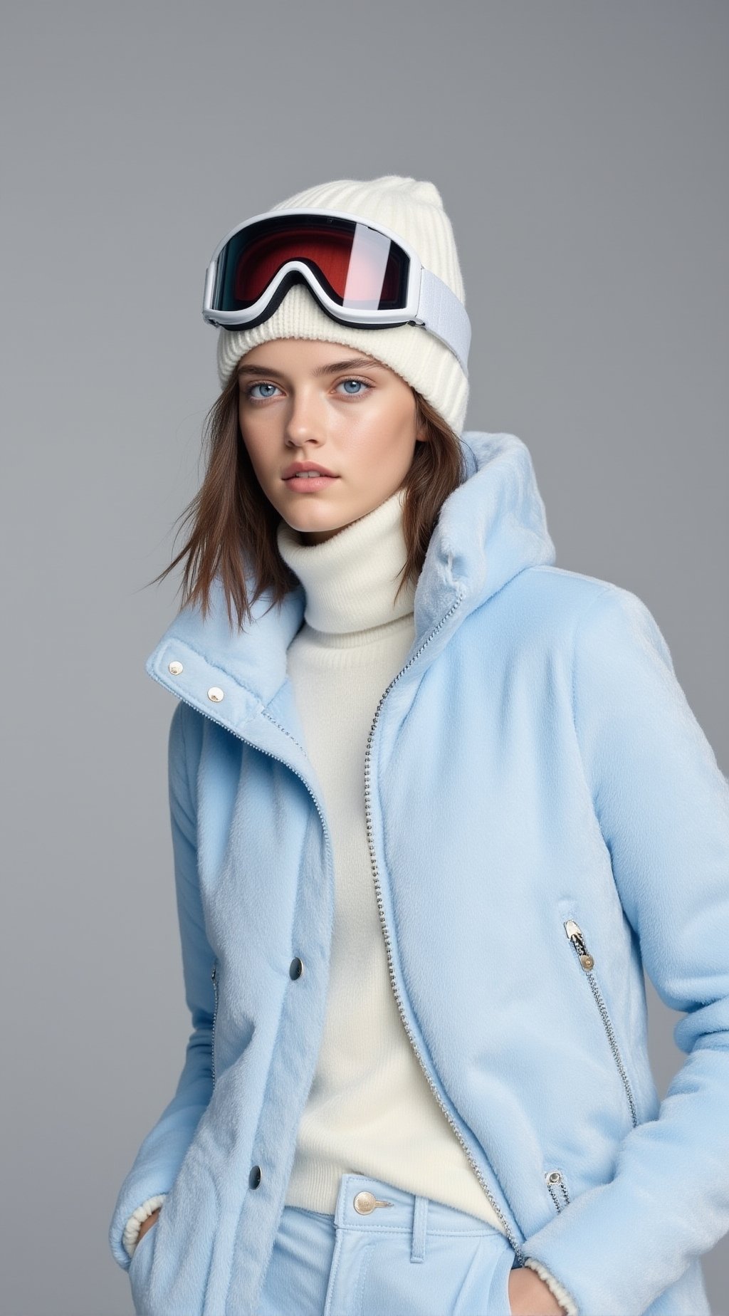 A high-fashion winter editorial portrait of a stylish young woman wearing a soft ice-blue and ivory layered outfit. She ha...