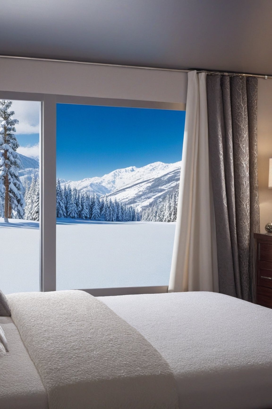 A realistic photo of bedroom in winter resort, pillow,lamp,curtains,window,wall-mount TV,mirror,snow,tree, luxurious,bed focus,(hyper detailed,16K,HDR,hyper-realistic,sharp focus,high contrast,kodachrome 800:1.2),w1nter res0rt,H effect,art_booster,ani_booster