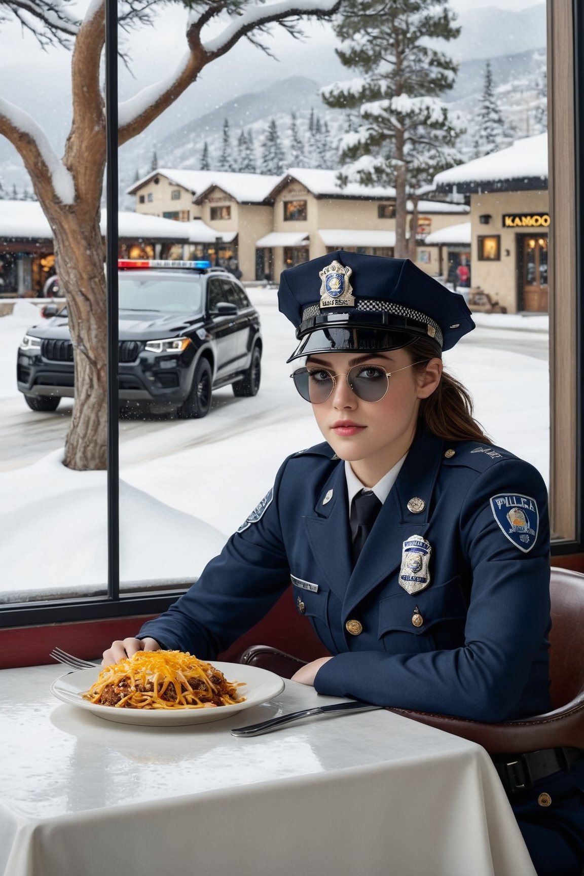 Hyper-Realistic photo of a beautiful LAPD police officer sitting in a restaurant in winter resort,20yo,1girl,solo,LAPD police uniform,cap,detailed exquisite face,soft shiny skin,smile,looking at viewer,Kristen Stewart lookalike,cap,sunglasses,fullbody:1.3
BREAK
backdrop:restaurant,window,snow,road,police car,tree,girl focus,[cluttered maximalism]
BREAK
settings: (rule of thirds1.3),perfect composition,studio photo,trending on artstation,depth of perspective,(Masterpiece,Best quality,32k,UHD:1.4),(sharp focus,high contrast,HDR,hyper-detailed,intricate details,ultra-realistic,kodachrome 800:1.3),(cinematic lighting:1.3),(by Karol Bak$,Alessandro Pautasso$,Gustav Klimt$ and Hayao Miyazaki$:1.3),art_booster,photo_b00ster, real_booster,w1nter res0rt