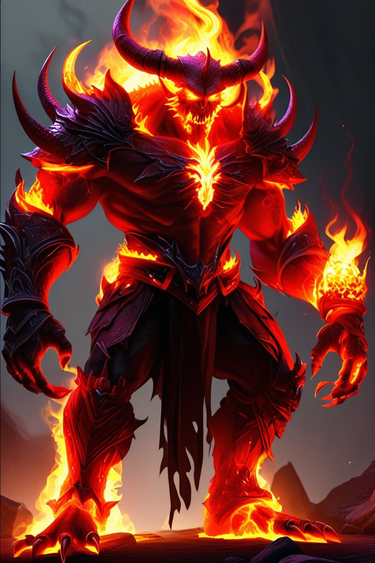 a devil monster stands in dark cave. He uses the magic ring and turns into the ultimate form of a fire magic \(ek_ge1frt\)...