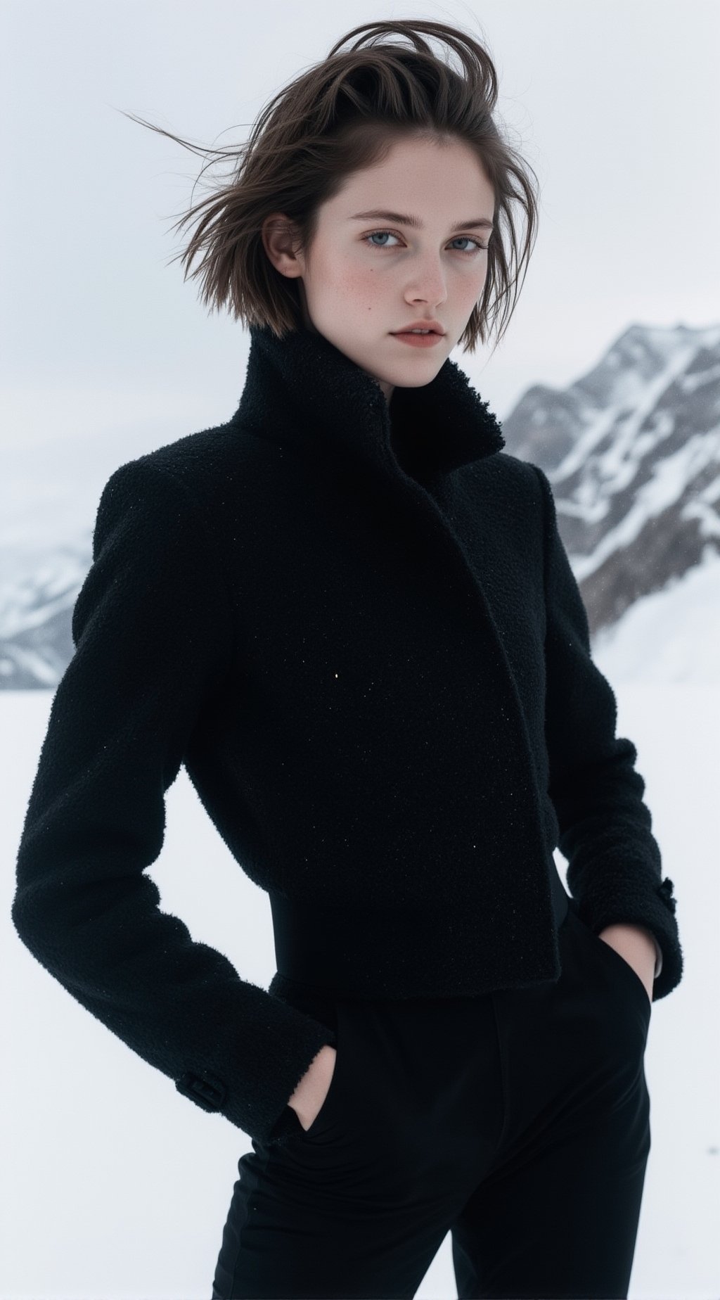 A high-fashion editorial portrait set in a stark snowy mountain landscape. A young woman with a tousled bobcut hair,  wind...
