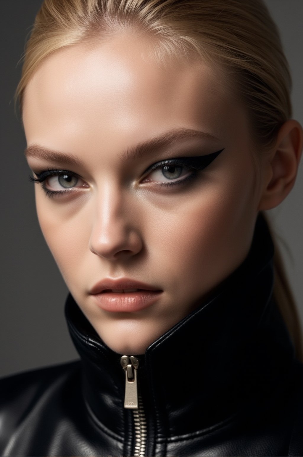 a dramatic close-up fashion editorial portrait of a chic woman with higher cheekbones,  a defined jawline,  sharp almond-s...