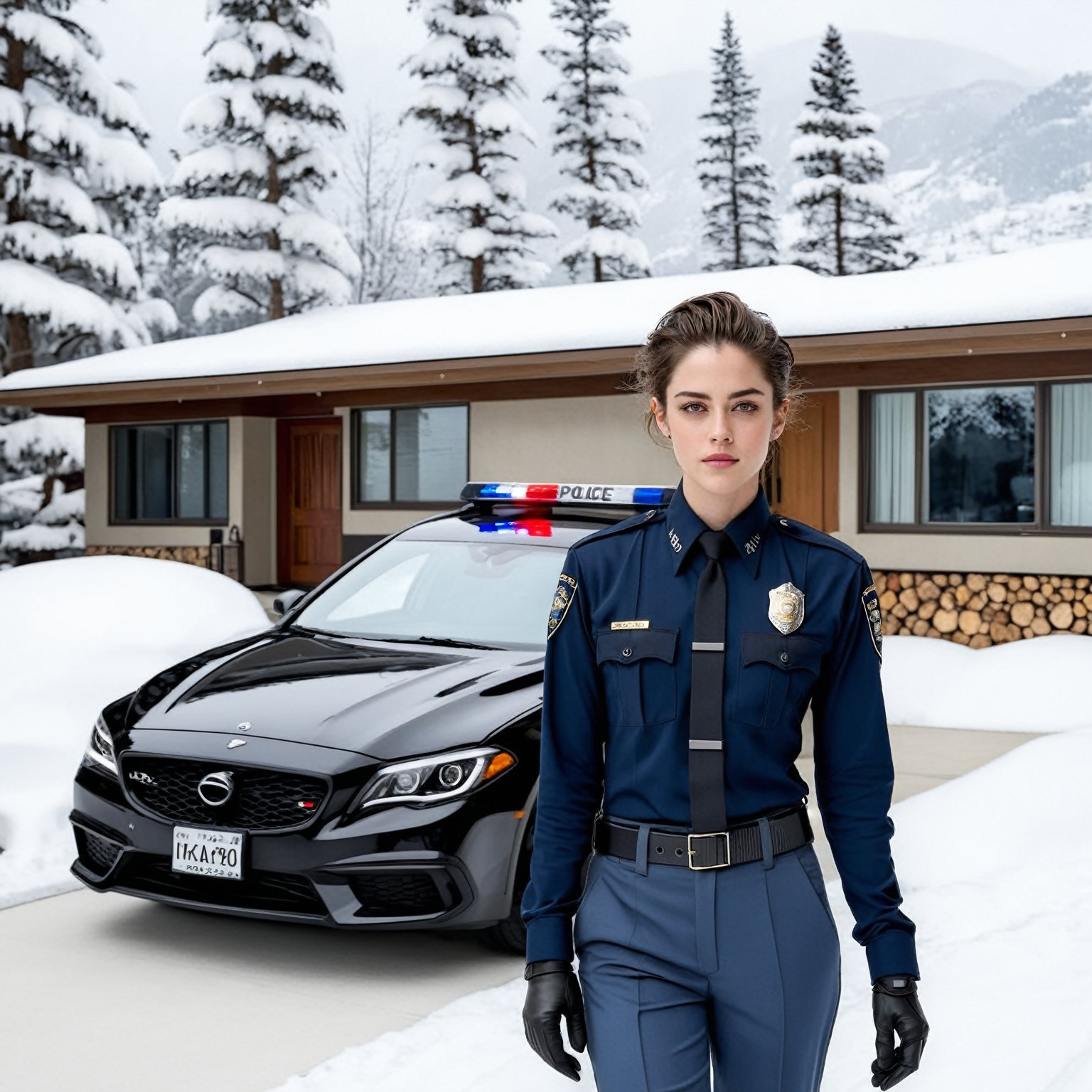 Hyper-Realistic photo of a beautiful LAPD police officer standing in front of a winter resort house,20yo,1girl,solo,LAPD police uniform,cap,detailed exquisite face,soft shiny skin,smile,sunglasses,looking at viewer,Kristen Stewart lookalike,cap,fullbody:1.3
BREAK
backdrop:luxurious modern resort house,police car,road,snow,tree,girl focus,[cluttered maximalism]
BREAK
settings: (rule of thirds1.3),perfect composition,studio photo,trending on artstation,depth of perspective,(Masterpiece,Best quality,32k,UHD:1.4),(sharp focus,high contrast,HDR,hyper-detailed,intricate details,ultra-realistic,kodachrome 800:1.3),(cinematic lighting:1.3),(by Karol Bak$,Alessandro Pautasso$,Gustav Klimt$ and Hayao Miyazaki$:1.3),art_booster,photo_b00ster, real_booster,w1nter res0rt