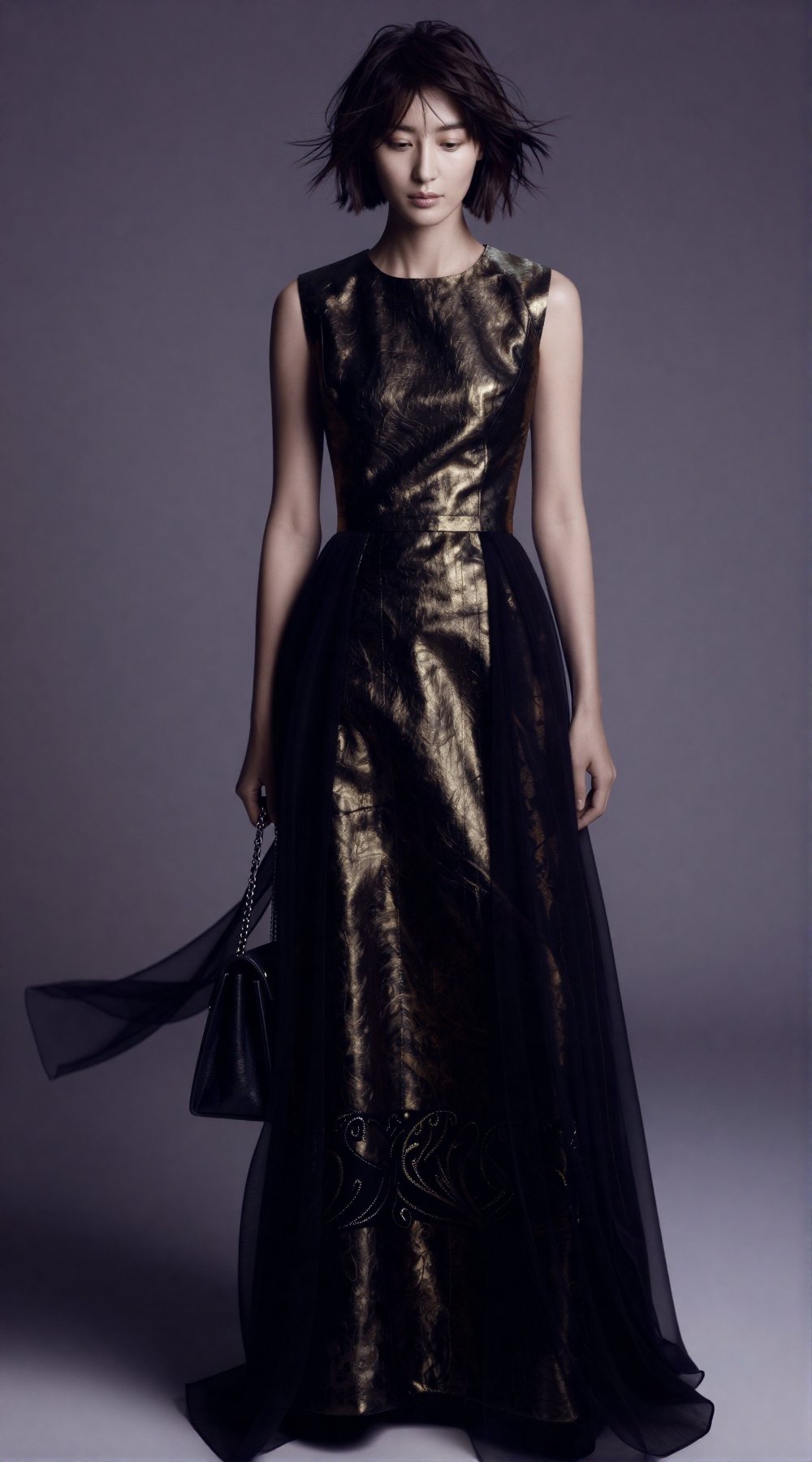 editorial fashion full-body portrait of a 20yo woman standing front-facing,  slight downward gaze,  calm by EclipseKww on...