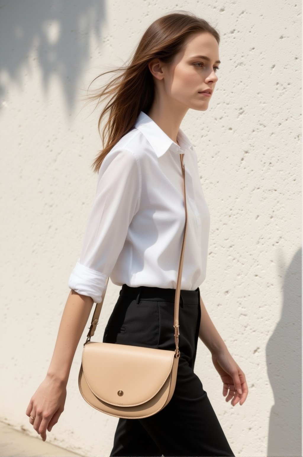 a half-body fashion editorial portrait of a European woman walking elegantly along a sunlit textured white wall,  slender...