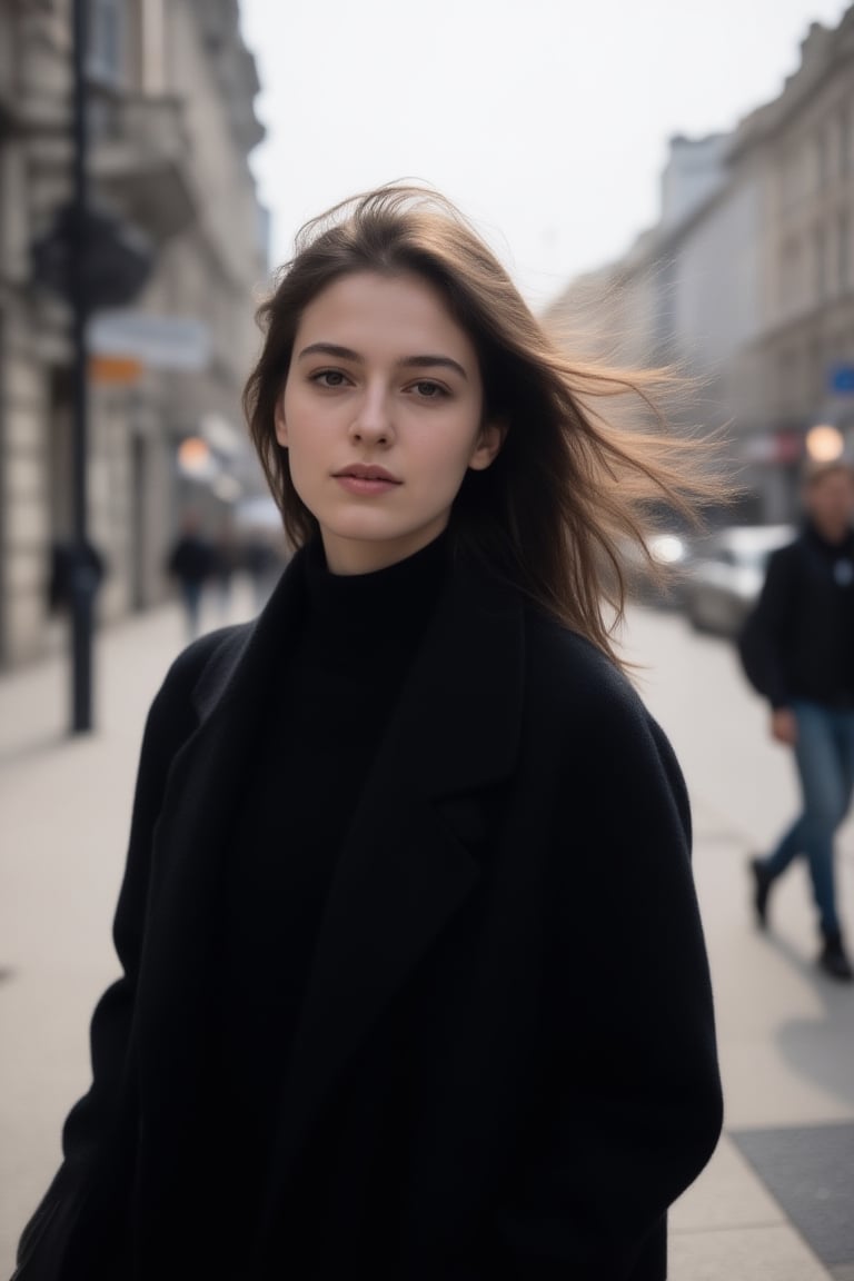 A realistic street portrait of a young woman on a breezy day,  hair gently moving in the wind,  natural daylight by Eclips...