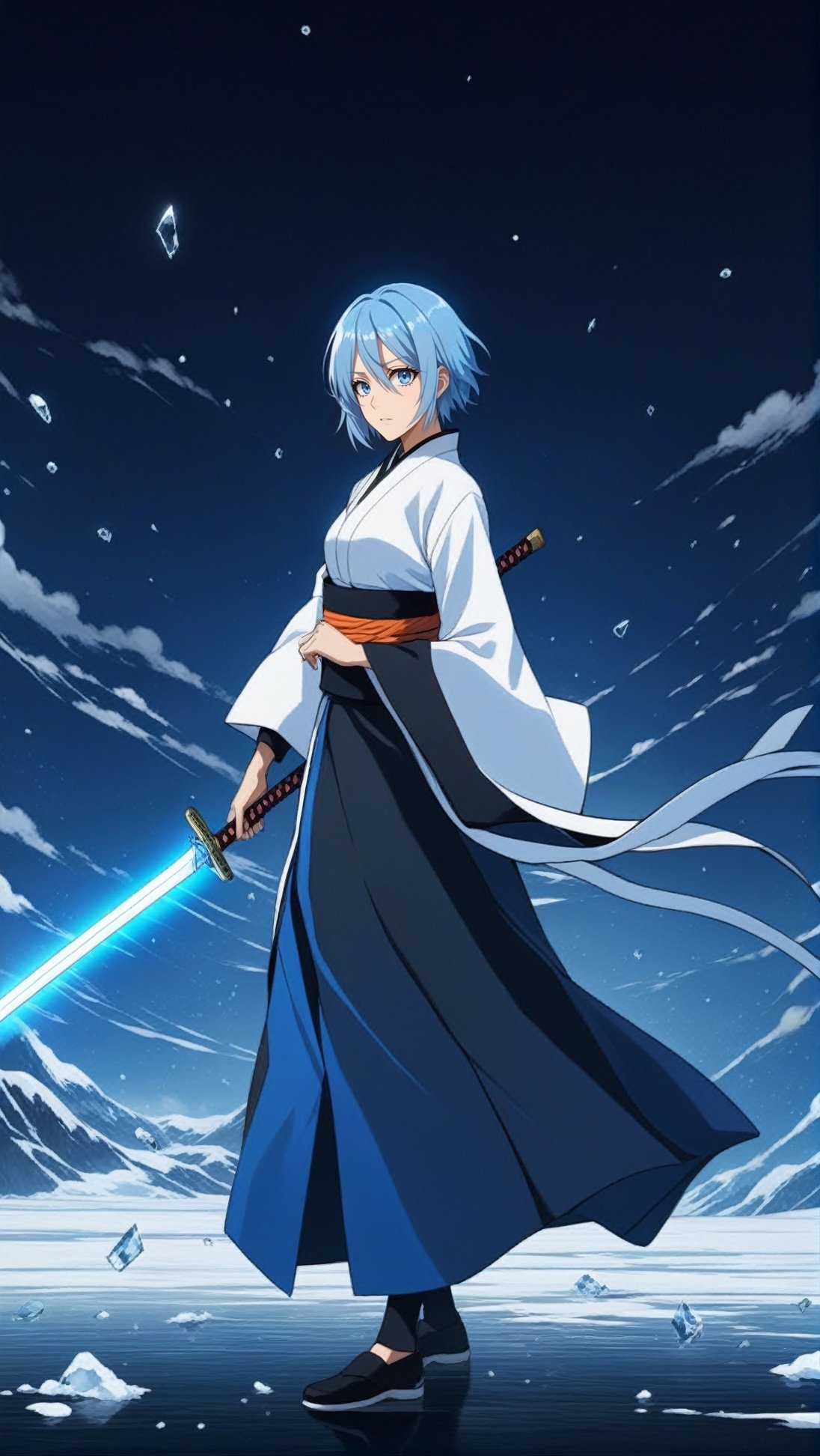 Hyper-detailed anime of 1girl,solo,kuchiki rukia in Bleach,short hair, blue eyes,light blue hair,weapon,(White japanese clothes),sword,swinging sword,cloud,(white kimono),flowing lines from clothes,ice pieces,bankai force,ice smoke,strong aura,white ice and snow,holy atmosphere,katana,letterboxed,fullbody,low-key,cluttered maximalism
BREAK 
(rule of thirds:1.3),perfect composition,trending on artstation,(thick and clear drawing lines:1.3),(masterpiece,best quality,32K,UHD,sharp focus,high contrast,hyper-detailed,intricate details,ultra-clear,cinematic lighting,vivid colors:1.5),ani_booster, real_booster