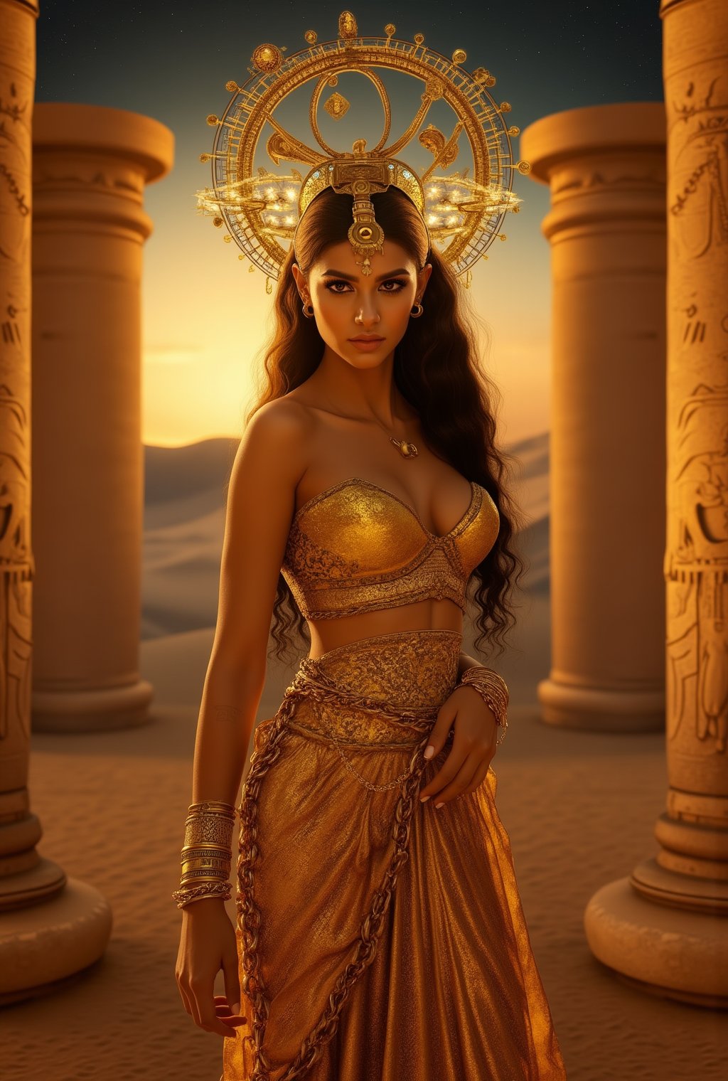 A mesmerizing goddess with an Egyptian flair, draped in flowing golden robes that shimmer like liquid light. Her skin is a warm, sun-kissed bronze, and her deep, almond-shaped eyes are lined with kohl, reminiscent of ancient Egyptian queens. She wears an ornate headdress adorned with intricate astrolabe designs, featuring small gears and celestial symbols that glow softly with a divine light.

Golden jewelry wraps around her arms and neck, with delicate chains that catch the light. Her posture is regal, and her expression is serene yet powerful, standing amidst ancient columns with celestial motifs. Behind her, the desert sands stretch into the horizon, illuminated by the warm glow of a setting sun, while stars begin to twinkle in the twilight sky.    realistic,detailed,sharp focus,high contrast,trending on artstation,rule of thirds,depth of perspective,chiaroscuro lighting.ek_ph0t0_b00ster,jisosmile,ct-identity,ek_art_b00ster,gal gadot,ek_real_b00ster,Hyoyeon