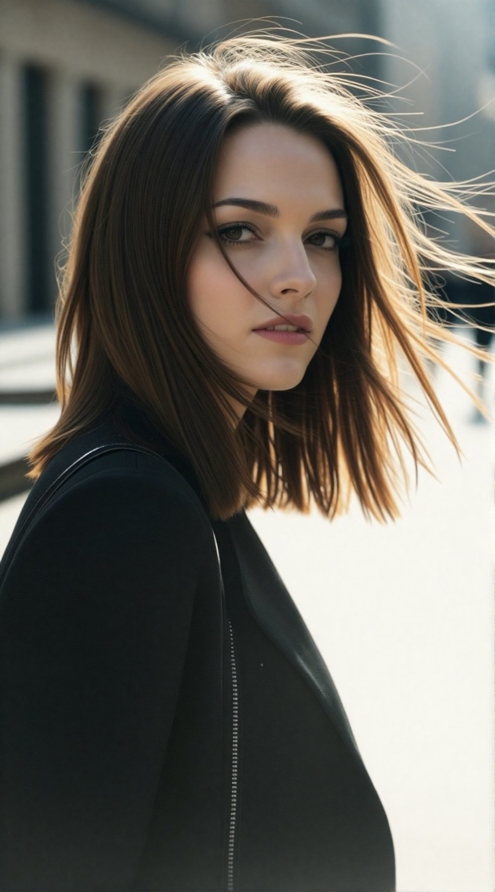 A realistic street portrait of a young woman on a breezy day,  hair gently moving in the wind,  natural daylight by Eclips...