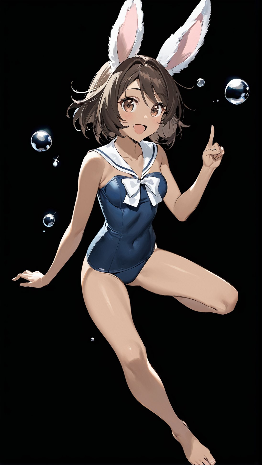 Hyper-Detailed Anime of I-26 \(Azur Lane\),1girl, solo, breasts, looking at viewer, smile, short hair, open mouth, simple background, brown hair, black hair, animal ears, bare shoulders, brown eyes, sitting, swimsuit, full body, small breasts, barefoot, dark skin, sailor collar, rabbit ears, dark-skinned female, one-piece swimsuit, strapless, covered navel, detached collar, school swimsuit, black background, index finger raised, bubble, white sailor collar, blue one-piece swimsuit, toeless legwear, watercraft, torpedo, strapless swimsuit,cluttered maximalism
BREAK
(rule of thirds:1.3),(thick drawing lines:1.3),perfect composition,studio photo,trending on artstation,(Masterpiece,Best quality,32k,UHD,sharp focus,high contrast,HDR,hyper-detailed,intricate details,ultra-clear:1.3),(cinematic lighting),by Karol Bak,Gustav Klimt and Hayao Miyazaki,ani_booster,real_booster,art_booster