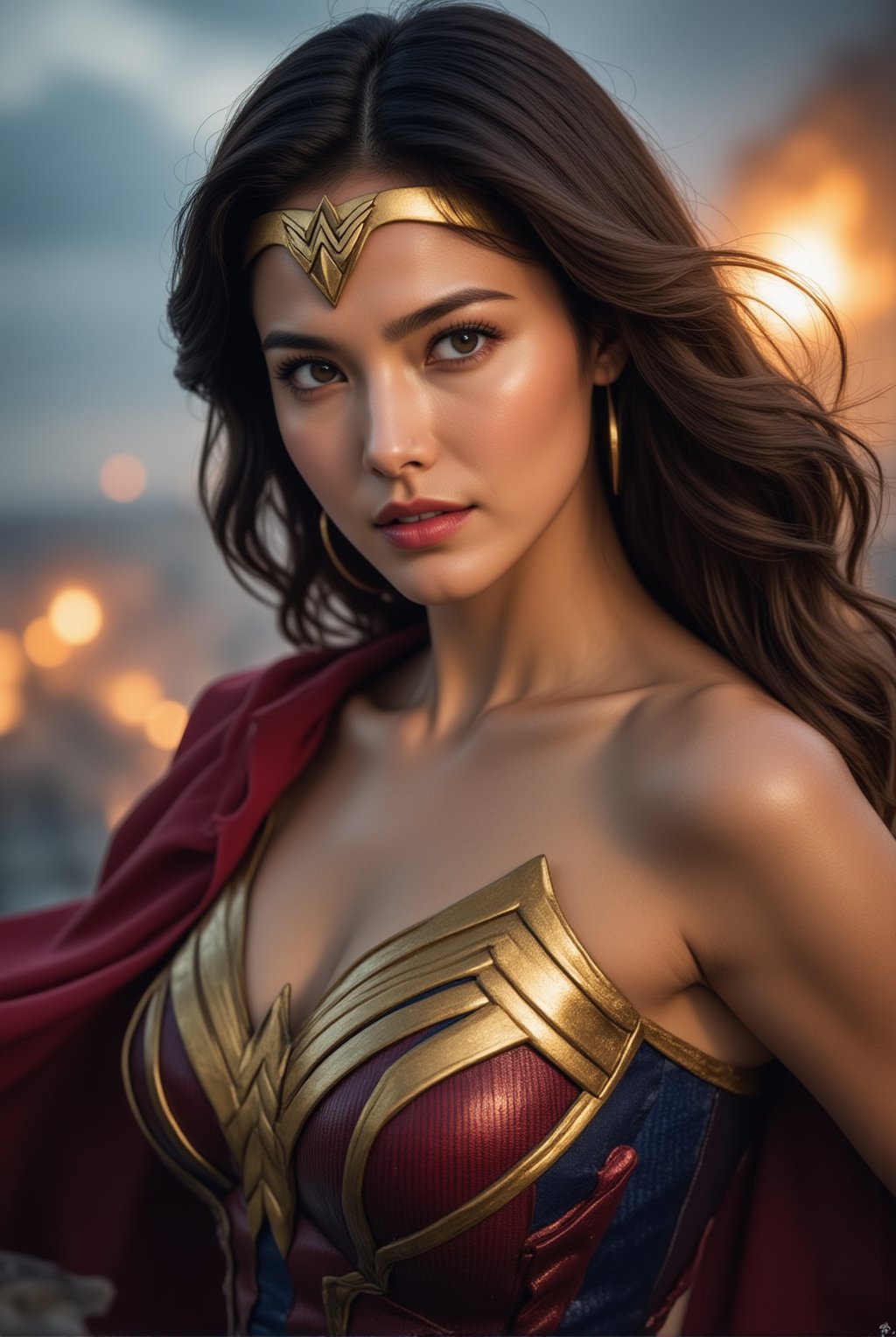 Depict a powerful close-up of Wonder Woman, her fierce yet compassionate expression framed by her iconic golden tiara. Her piercing blue eyes shine with determination, while her perfectly sculpted features exude strength and grace. The metallic sheen of her golden armor catches the light, highlighting the intricate detailing on her breastplate and the bold red and blue colors of her outfit. Her flowing dark hair billows slightly in the wind, adding to the sense of motion and energy. Behind her, a backdrop of stormy skies and distant battle scenes hints at the intensity of the moment, yet her unwavering gaze conveys a sense of hope and unshakable resolve.
BREAK
detailed exquisite face,soft shiny skin,realistic,detailed,sharp focus,high contrast,rule of thirds,depth of perspective,award-winning photo,chiaroscuro lighting,ek_g1rl_02