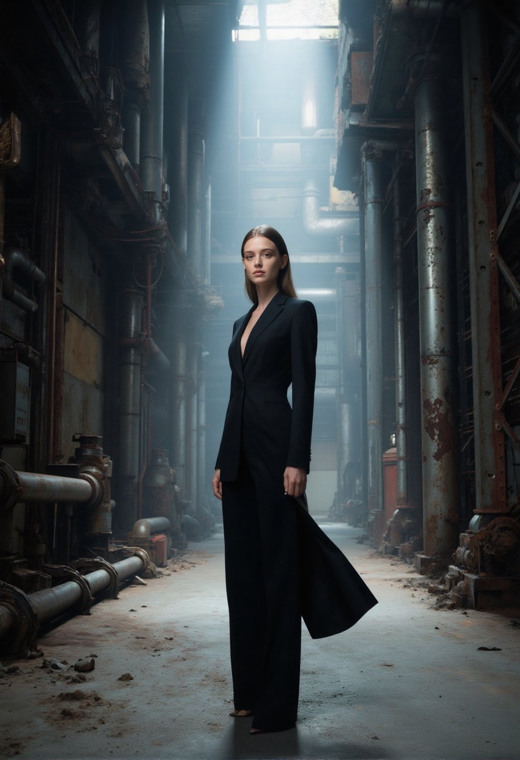 A head-to-toe cinematic fashion portrait of a young woman standing alone inside a massive industrial power plant interior....
