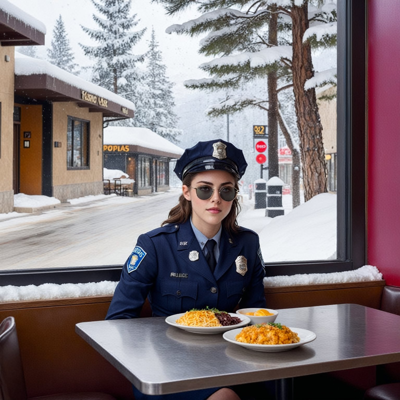 Hyper-Realistic photo of a beautiful LAPD police officer sitting in a restaurant in winter resort,20yo,1girl,solo,LAPD police uniform,cap,detailed exquisite face,soft shiny skin,smile,looking at viewer,Kristen Stewart lookalike,cap,sunglasses,fullbody:1.3
BREAK
backdrop:restaurant,window,snow,road,police car,tree,girl focus,[cluttered maximalism]
BREAK
settings: (rule of thirds1.3),perfect composition,studio photo,trending on artstation,depth of perspective,(Masterpiece,Best quality,32k,UHD:1.4),(sharp focus,high contrast,HDR,hyper-detailed,intricate details,ultra-realistic,kodachrome 800:1.3),(cinematic lighting:1.3),(by Karol Bak$,Alessandro Pautasso$,Gustav Klimt$ and Hayao Miyazaki$:1.3),art_booster,photo_b00ster, real_booster,w1nter res0rt