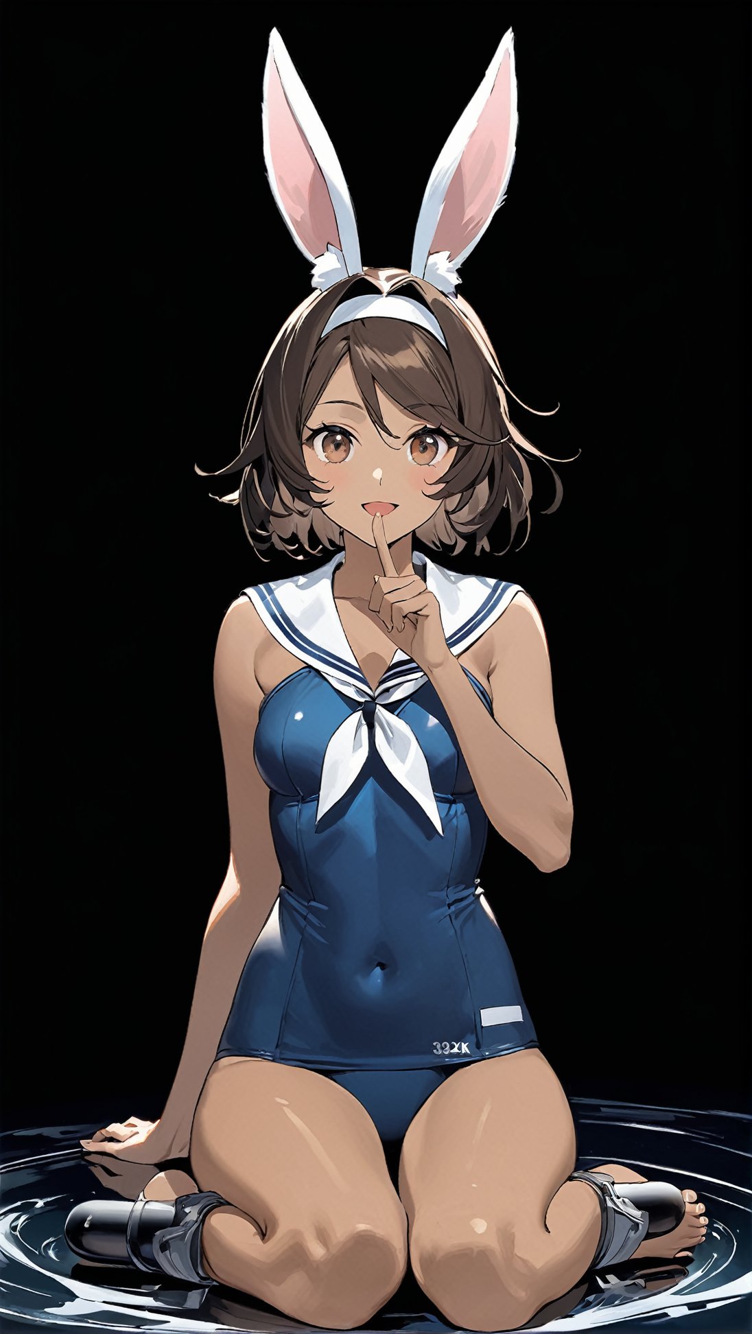 Hyper-Detailed Anime of I-26 \(Azur Lane\),1girl, solo, breasts, looking at viewer, smile, short hair, open mouth, simple background, brown hair, black hair, animal ears, bare shoulders, brown eyes, sitting, swimsuit, full body, small breasts, barefoot, dark skin, sailor collar, rabbit ears, dark-skinned female, one-piece swimsuit, strapless, covered navel, detached collar, school swimsuit, black background, index finger raised, bubble, white sailor collar, blue one-piece swimsuit, toeless legwear, watercraft, torpedo, strapless swimsuit,cluttered maximalism
BREAK
(rule of thirds:1.3),(thick drawing lines:1.3),perfect composition,studio photo,trending on artstation,(Masterpiece,Best quality,32k,UHD,sharp focus,high contrast,HDR,hyper-detailed,intricate details,ultra-clear:1.3),(cinematic lighting),by Karol Bak,Gustav Klimt and Hayao Miyazaki,ani_booster,real_booster,art_booster