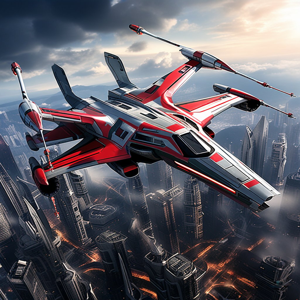 A realistic photo of starship x-wing starfighter in Star Wars universe,  red striped body,  flying over a futuristic city...