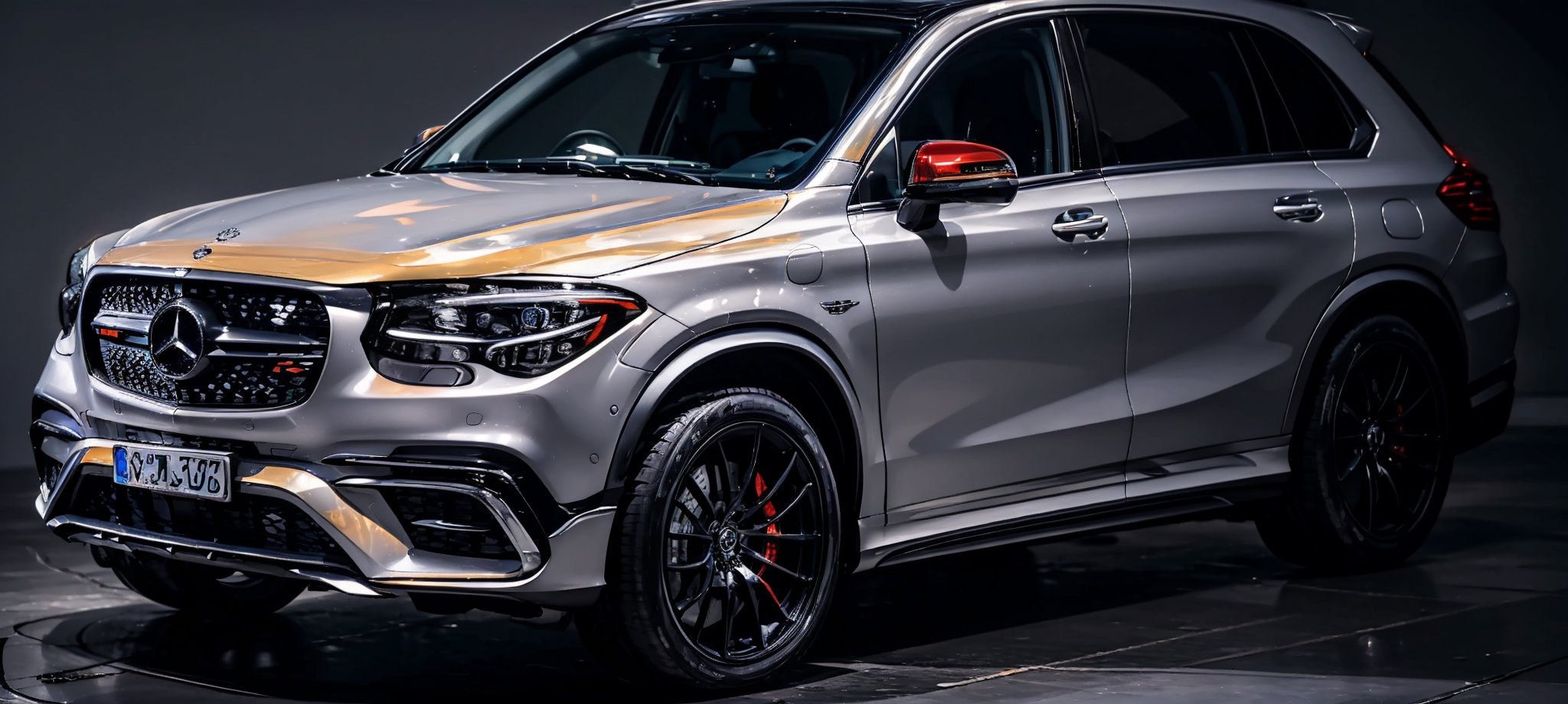 dark irony gray with blue undertone color futuristic 4x4 luxury sports SUV, spinning wheels, mercedes-maybach style alloy rims with red edges, toyota tentury suv, porsche, honda crv, brabus, subaru, nissan, mitsubishi