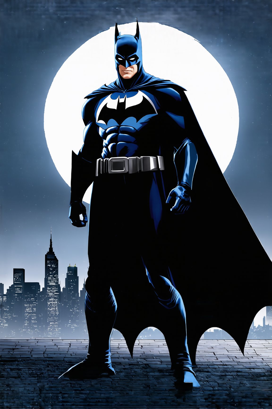 Batman standing on a rooftop at night, iconic black suit and cape, bat symbol on chest, Gotham City skyline in the background, serious expression, full moon in the sky, dark and moody atmosphere.
BREAK
settings:(rule of thirds:1.3),perfect composition,depth of perspective,(masterpiece,best quality,detailed,realistic), chiaroscuro lighting, ek_real_b00ster,ek_art_b00ster,ek_ani_b00ster