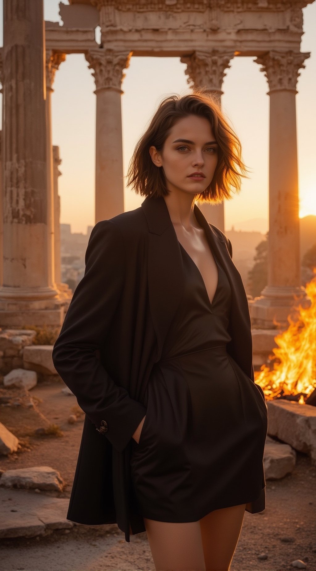 A high-fashion editorial photoshoot set against classical ruins,  with ancient stone columns and collapsing arches glowing...