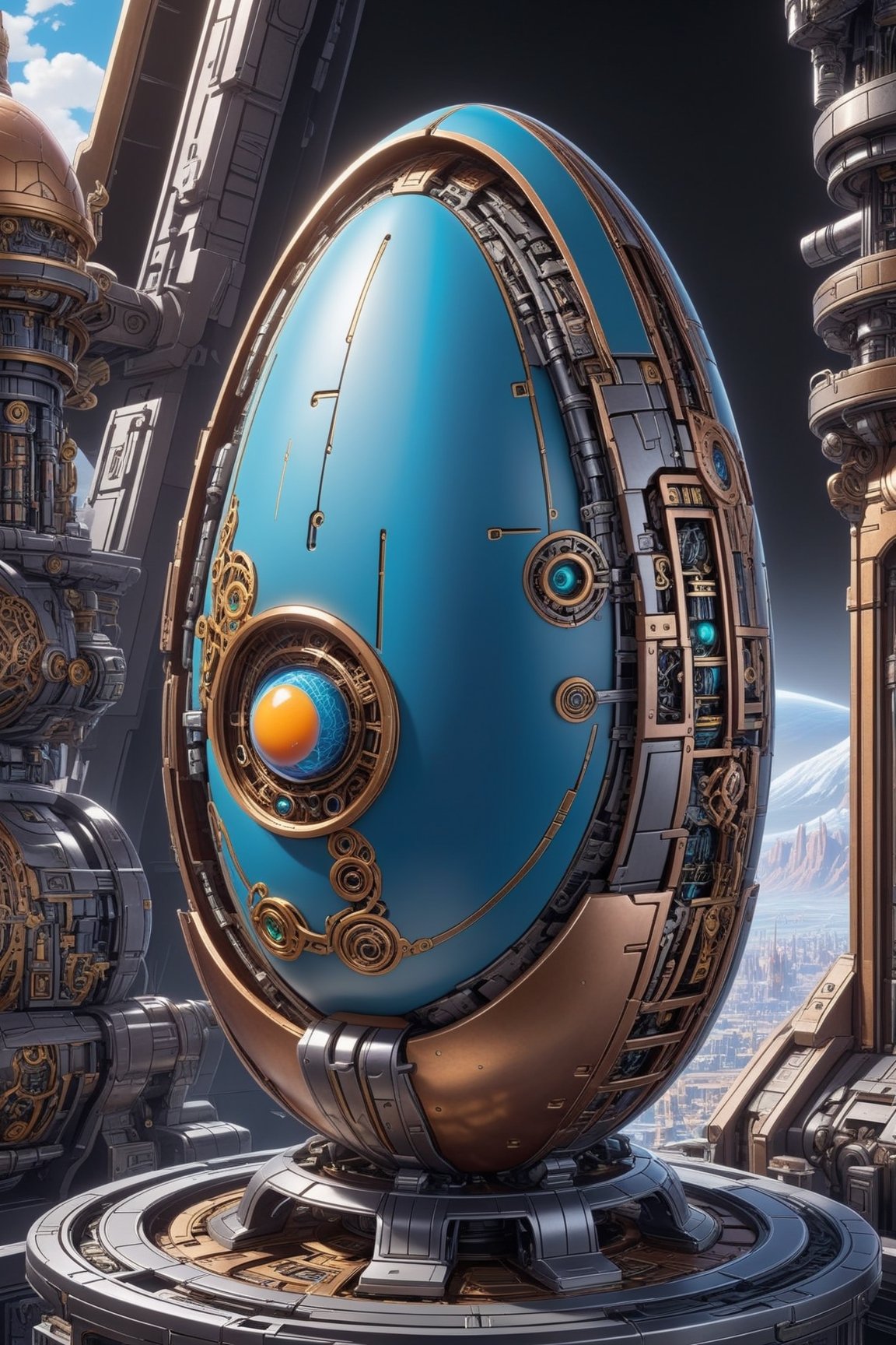 Highly detailed anime of a futuristic mechnical Egg in a secret spaceship,intricate machine parts, steampunk,cyberpunk,vibrant colors,(Disney Pixar-style:1.3)
BREAK 
(anime vibes:1.3),rule of thirds,studio photo,(masterpiece,best quality,trending on artstation,8K,Hyper-detailed,intricate details:1.3),cinematic lighting,by Karol Bak,Antonio López,Gustav Klimt and Hayao Miyazaki, ani_booster,real_booster,art_booster,photo_b00ster