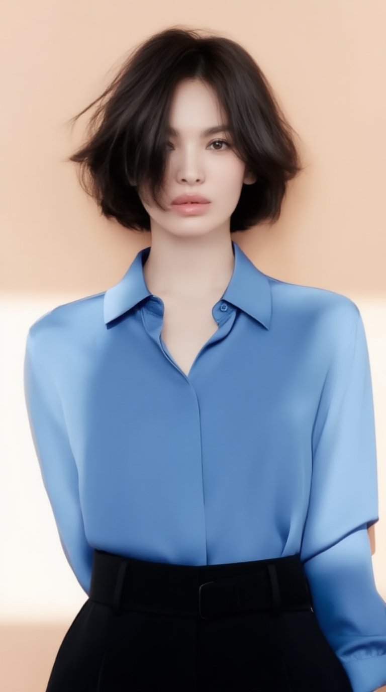 A high-end fashion editorial portrait of a refined 20yo woman with tousled short hair,  smooth glossy natural texture,  so...