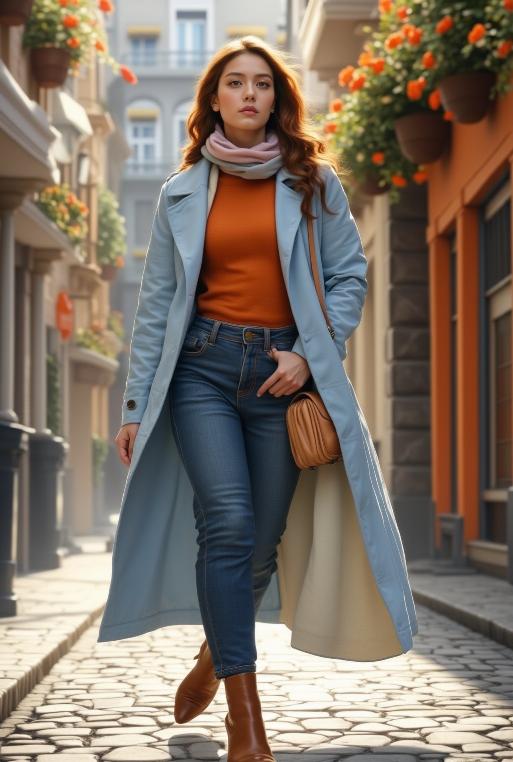 A stunning 20-year-old Korean girl with a chic, contemporary style, strolling along a cobblestone street in a quaint European village. Her auburn hair is styled in loose waves that cascade over her shoulders, highlighting her warm brown eyes and soft, radiant complexion.
She wears a fitted, baby blue trench coat cinched at the waist, over a orange-colored turtleneck sweater, paired with ankle-length, dark denim jeans that flatter her figure. On her feet, she wears classic, tan leather ankle boots, and a delicate scarf in shades of blush pink and gray drapes around her neck. A vintage-inspired leather satchel hangs from her shoulder, adding a touch of rustic charm. Her expression is thoughtful yet serene, capturing a moment of quiet elegance as she enjoys a leisurely walk, surrounded by charming old-world architecture and flower-filled window boxes. realistic,detailed,sharp focus,high contrast,trending on artstation,rule of thirds,depth of perspective,chiaroscuro lighting.ek_ph0t0_b00ster,jisosmile