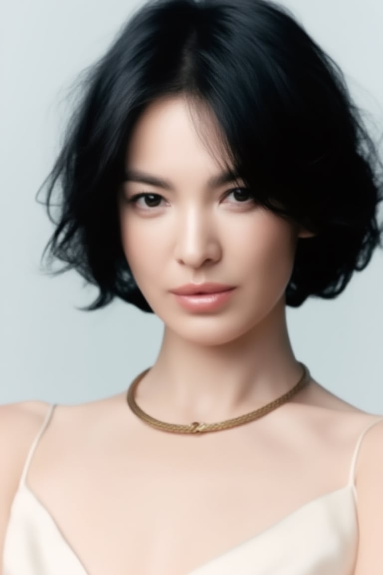 A luxury jewelry editorial close-up portrait of a refined 20yo woman with tousled short black hair,  softly textured and s...
