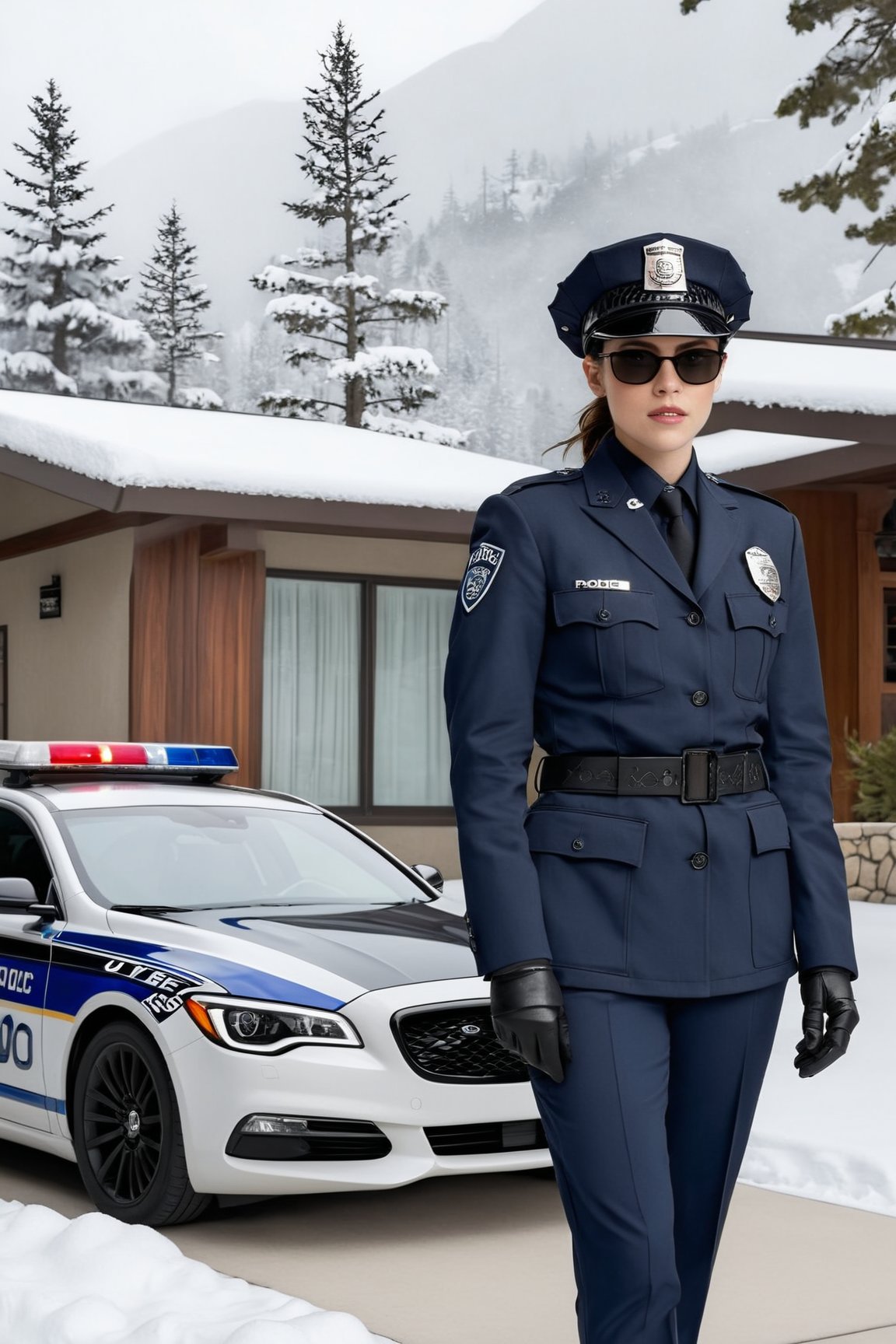 Hyper-Realistic photo of a beautiful LAPD police officer standing in front of a winter resort house,20yo,1girl,solo,LAPD police uniform,cap,detailed exquisite face,soft shiny skin,smile,sunglasses,looking at viewer,Kristen Stewart lookalike,cap,fullbody:1.3
BREAK
backdrop:luxurious modern resort house,police car,road,snow,tree,girl focus,[cluttered maximalism]
BREAK
settings: (rule of thirds1.3),perfect composition,studio photo,trending on artstation,depth of perspective,(Masterpiece,Best quality,32k,UHD:1.4),(sharp focus,high contrast,HDR,hyper-detailed,intricate details,ultra-realistic,kodachrome 800:1.3),(cinematic lighting:1.3),(by Karol Bak$,Alessandro Pautasso$,Gustav Klimt$ and Hayao Miyazaki$:1.3),art_booster,photo_b00ster, real_booster,w1nter res0rt