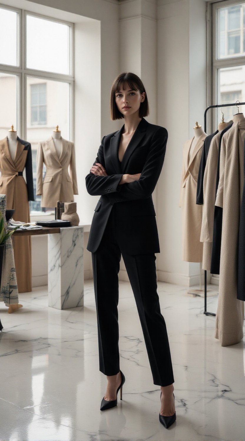A full-body high-fashion editorial portrait of a young woman standing in an elegant fashion house interior,  framed head t...