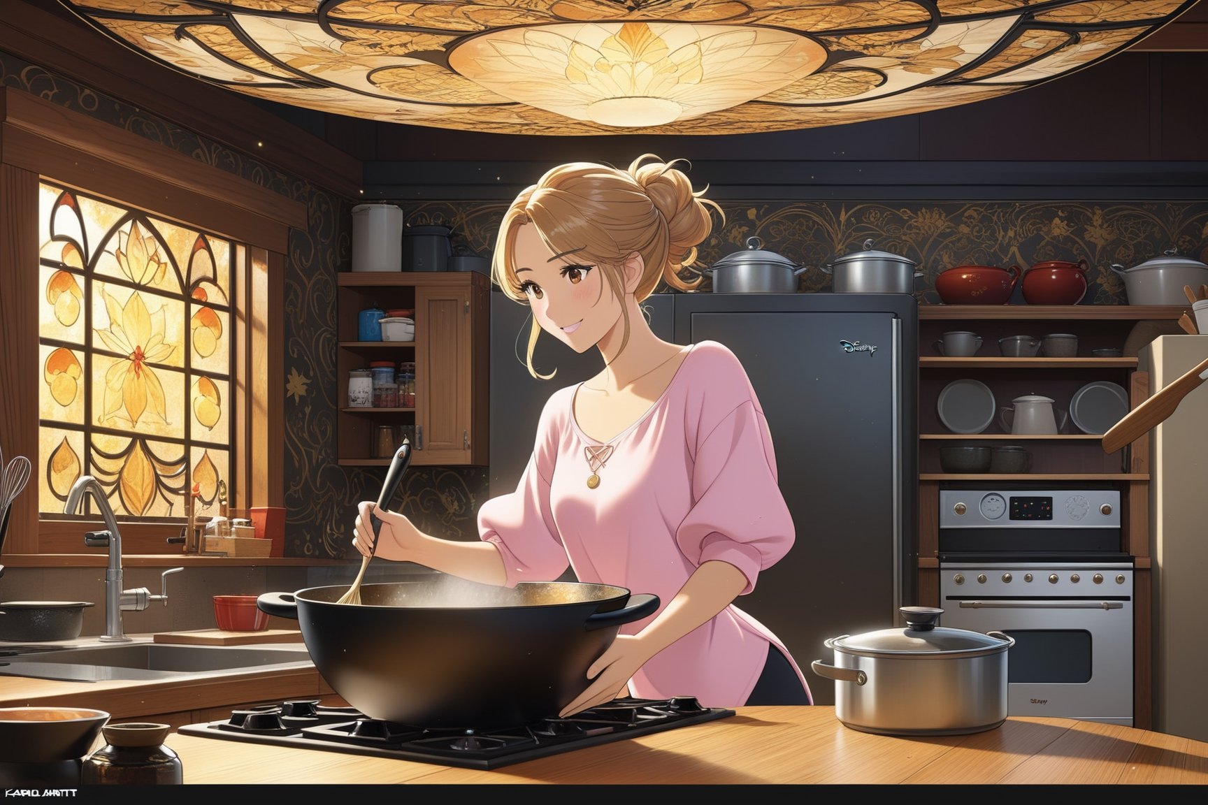 Highly detailed anime of a beautiful girl cooking in kitchen,20yo,1 girl,Big smile,short brown hair,[dark] brown skin,wearing a pink shirt and black leggings
BREAK
[backdrop of kitchen and livingroom,TV,sofa,1boy,cluttered maximalism],(girl focus)
BREAK 
(anime vibes:1.3),(Disney Pixar-style:1.3),rule of thirds,studio photo,(masterpiece,best quality,trending on artstation,8K,Hyper-detailed,intricate details),cinematic lighting,by Karol Bak,Gustav Klimt and Hayao Miyazaki,ani_booster,real_booster,art_booster