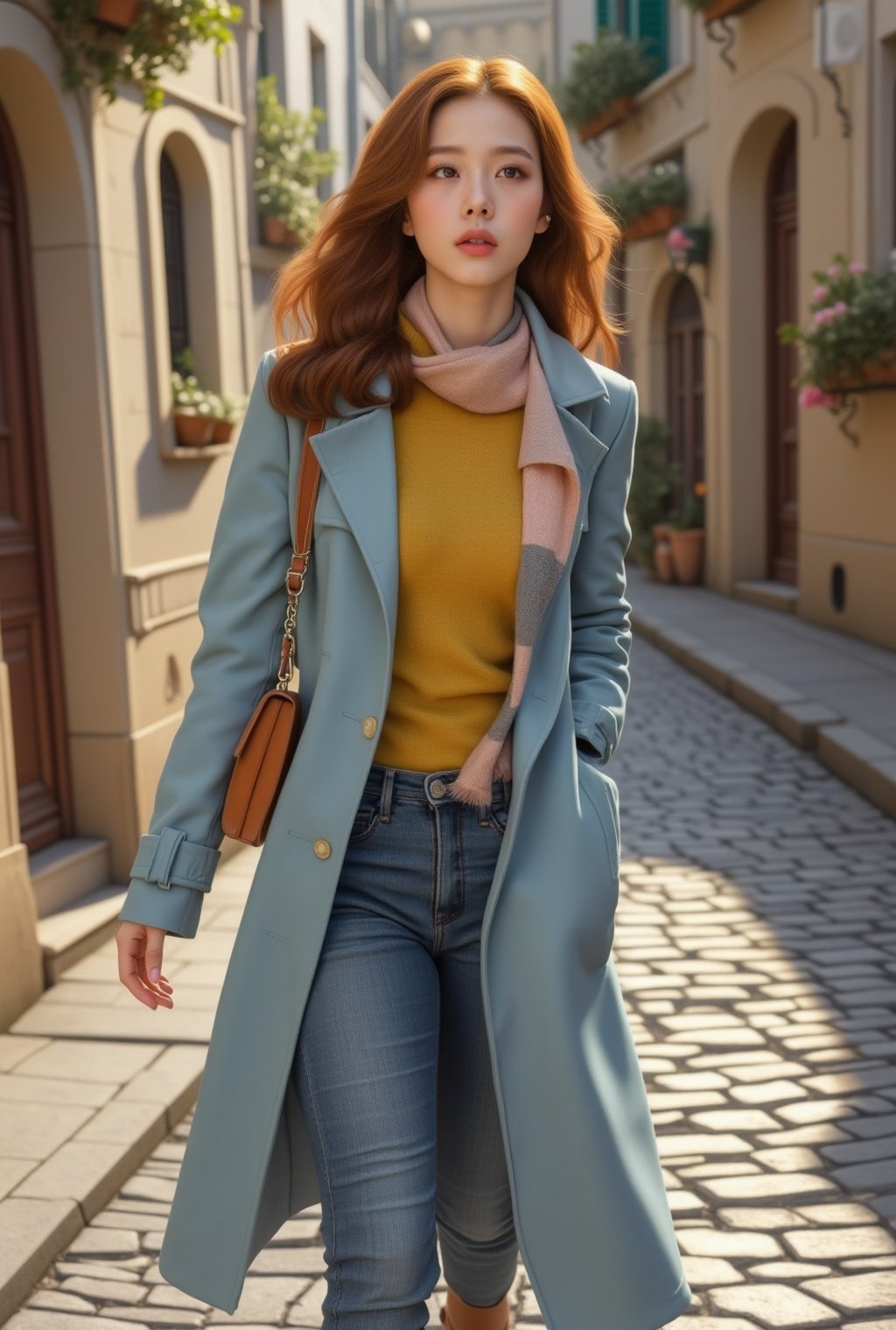 A stunning 20-year-old Korean girl with a chic, contemporary style, strolling along a cobblestone street in a quaint European village. Her auburn hair is styled in loose waves that cascade over her shoulders, highlighting her warm brown eyes and soft, radiant complexion.
She wears a fitted, baby blue trench coat cinched at the waist, over a yellow-colored turtleneck sweater, paired with ankle-length, dark denim jeans that flatter her figure. On her feet, she wears classic, tan leather ankle boots, and a delicate scarf in shades of blush pink and gray drapes around her neck. A vintage-inspired leather satchel hangs from her shoulder, adding a touch of rustic charm. Her expression is thoughtful yet serene, capturing a moment of quiet elegance as she enjoys a leisurely walk, surrounded by charming old-world architecture and flower-filled window boxes. realistic,detailed,sharp focus,high contrast,trending on artstation,rule of thirds,depth of perspective,chiaroscuro lighting.ek_ph0t0_b00ster,jisosmile