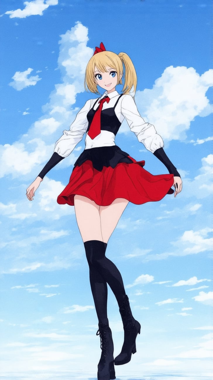 1girl, solo, long hair, breasts, looking at viewer, smile, bangs, blue eyes, skirt, blonde hair, large breasts, simple background, hair ornament, thighhighs, cleavage, bare shoulders, full body, ponytail, pleated skirt, boots, detached sleeves, necktie, hairclip, black thighhighs, strapless, red skirt, white footwear, red necktie, black background, cross-laced footwear, machinery, turret, aircraft, airplane, rigging,ek_ani_b00ster,Watercolor
BREAK
anime style:1.2,(rule of thirds:1.2),perfect composition,trending on artstation,(thick and clear drawing lines:1.1),masterpiece,best quality,sharp focus,high contrast,detailed,vivid colors, ek_ani_b00ster,ek_art_b00ster