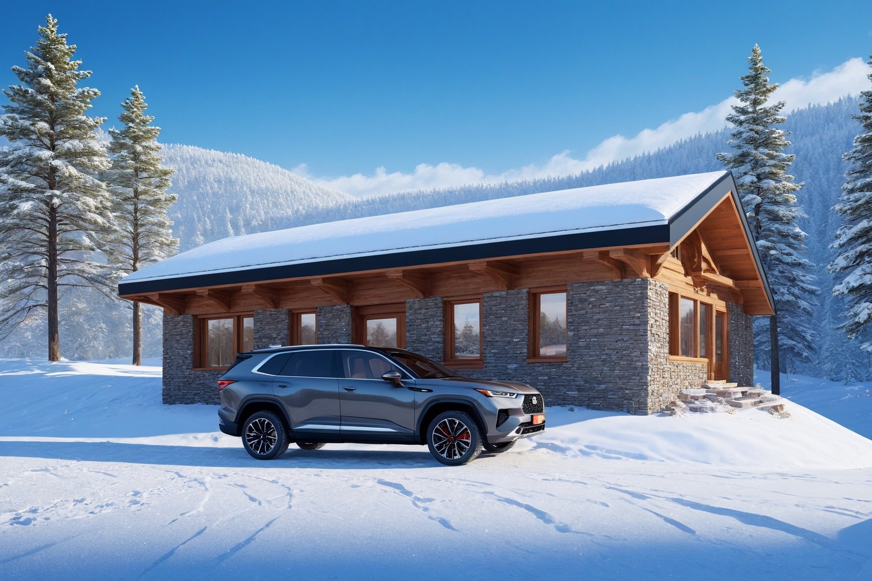 a beautiful ((Hyper-Realistic)) cabin on a hill,outdoors, modern style cabin,luxurious brick and concrete and stone textures with black and grey colors,snow,snowing,window,trees,(cool SUV in front of cabin:1.3),aesthetic,rule of thirds,studio photo,trending on artstation,(cabin and SUV focus),(Hyper-realistic photography,masterpiece,ultra-detailed,intricate details,8k,sharp focus,high contrast,kodachrome 800,HDR:1.2),by Antonio López,Diego Koi,David Parrish,Canaletto,Edward Hopper,Marcello Gandini
Giorgetto Giugiaro,Leonardo Fioravanti and Alex Issigonis,H effect,real_booster,w1nter res0rt