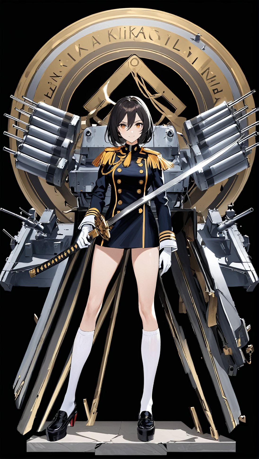 Hyper-Detailed Anime of Mikasa \(Azur Lane\),1girl, solo, long hair, looking at viewer, smile, bangs, simple background, brown hair, black hair, gloves, long sleeves, dress, holding, hair between eyes, closed mouth, full body, yellow eyes, weapon, horns, socks, sword, white gloves, holding weapon, uniform, coat, kneehighs, military, military uniform, holding sword, katana, white socks, black background, machinery, epaulettes, turret, rigging, aiguillette,cluttered maximalism
BREAK
(rule of thirds:1.3),(thick drawing lines:1.3),perfect composition,studio photo,trending on artstation,(Masterpiece,Best quality,32k,UHD,sharp focus,high contrast,HDR,hyper-detailed,intricate details,ultra-clear:1.3),(cinematic lighting),by Karol Bak,Gustav Klimt and Hayao Miyazaki,ani_booster,real_booster,art_booster